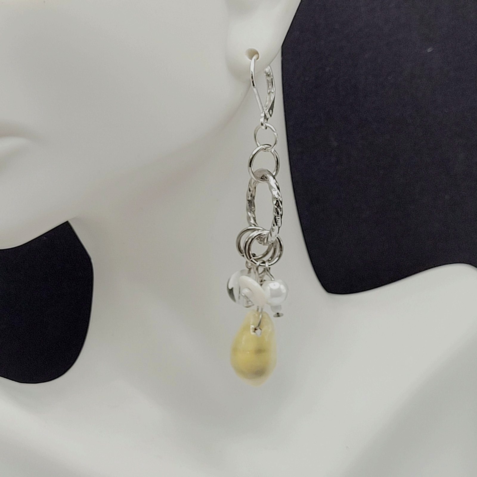 Handcrafted Boho Cowrie Shell Dangle Earrings Silver Tone Cluster Beaded Coastal