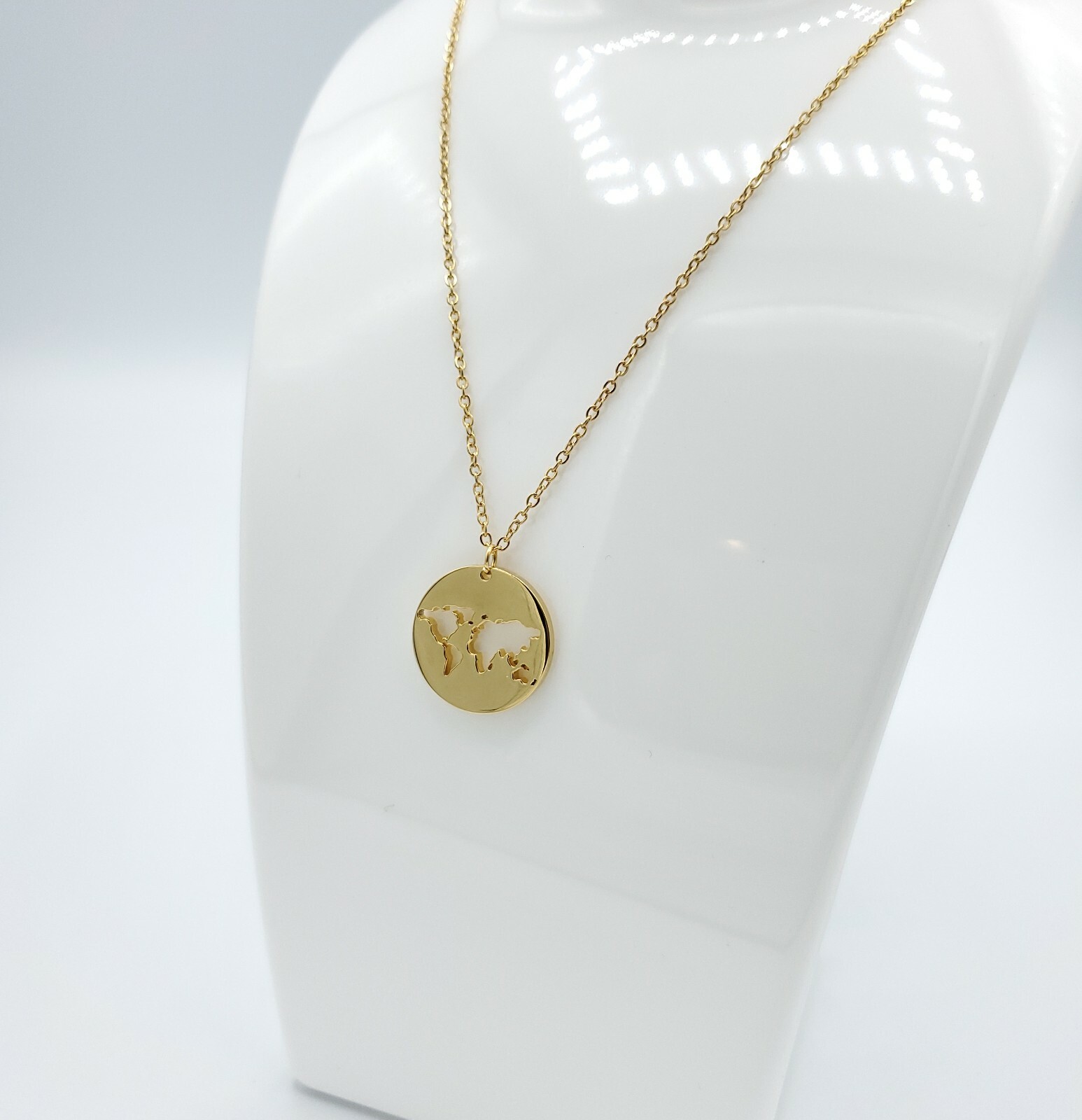 World Map Pendant GOLD Plated Necklace Europe Globe Continents Borders Countries