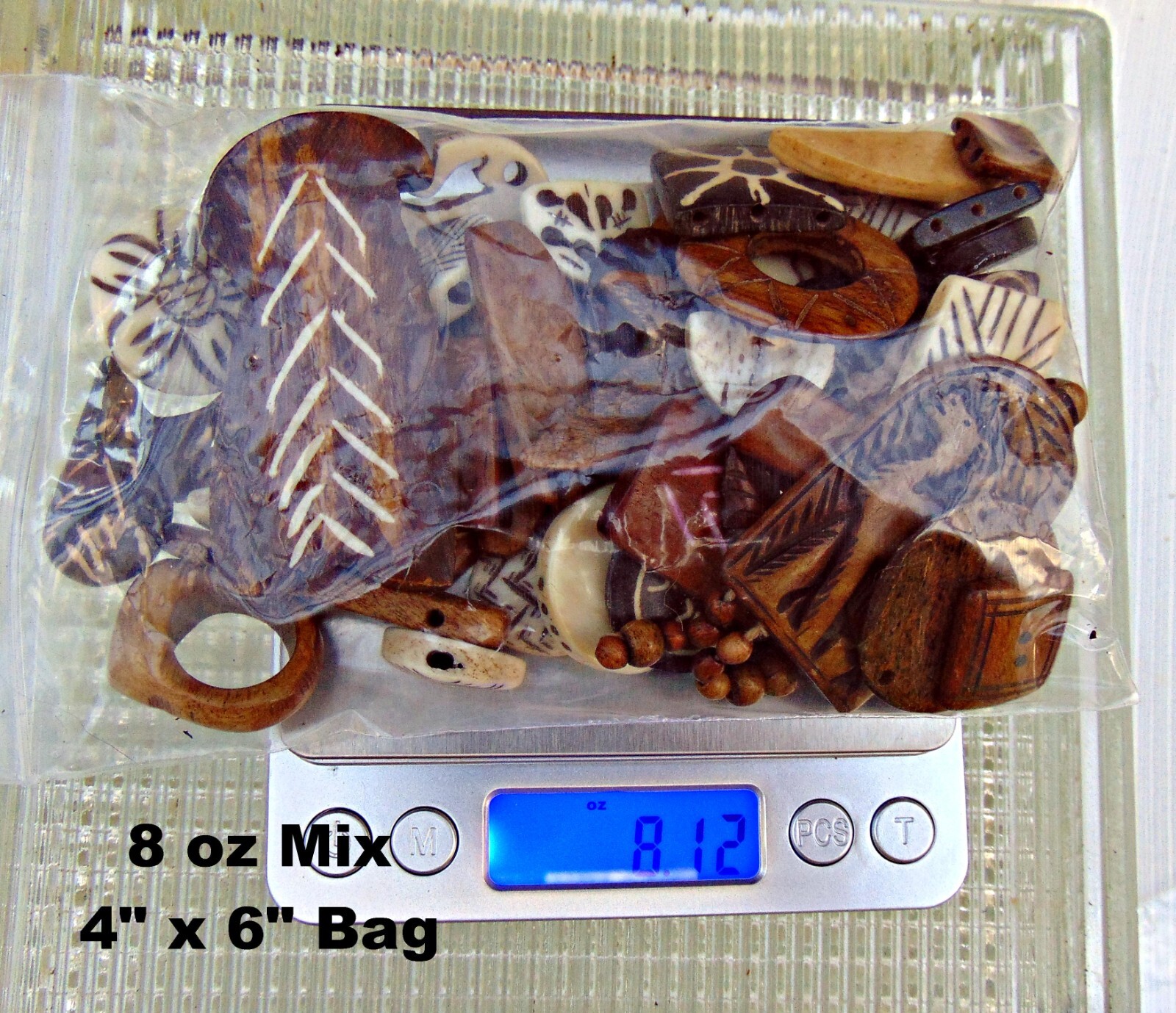 BONE BEAD MIX 1/2 pound (8 oz) ASSORTMENT of Shapes/Size/Colors/Design/Texture