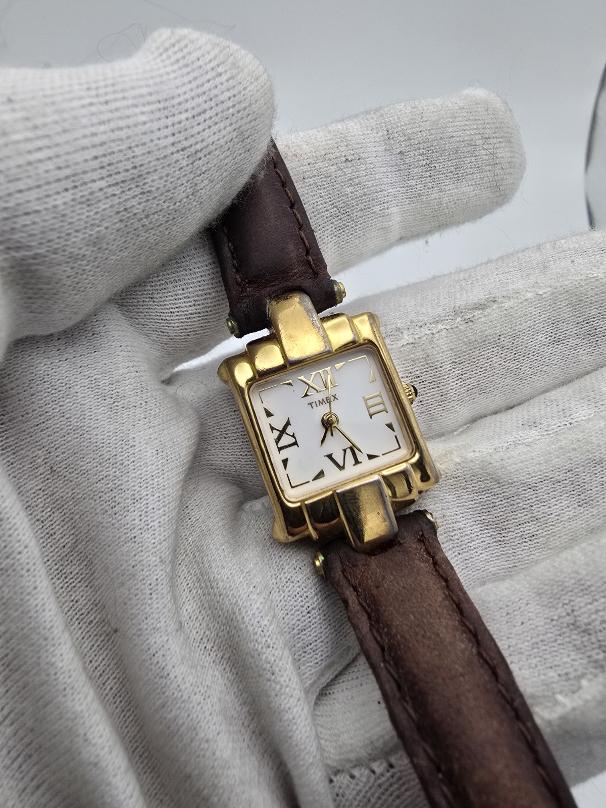 Timex Women’s Quartz Analog Square Gold Tone White Roman Dial Brown Leather