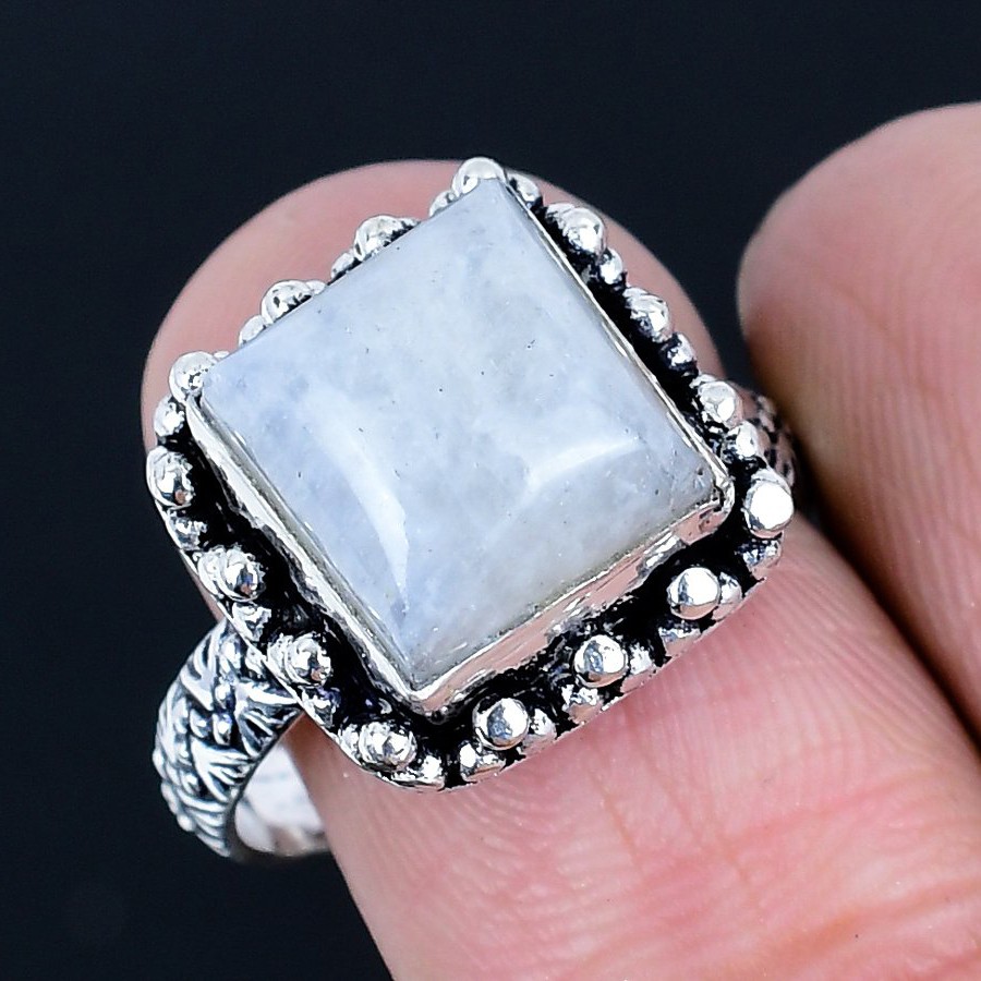 Radiant Rainbow Moonstone Gemstone 925 Sterling Silver Jewelry Ring Size 8