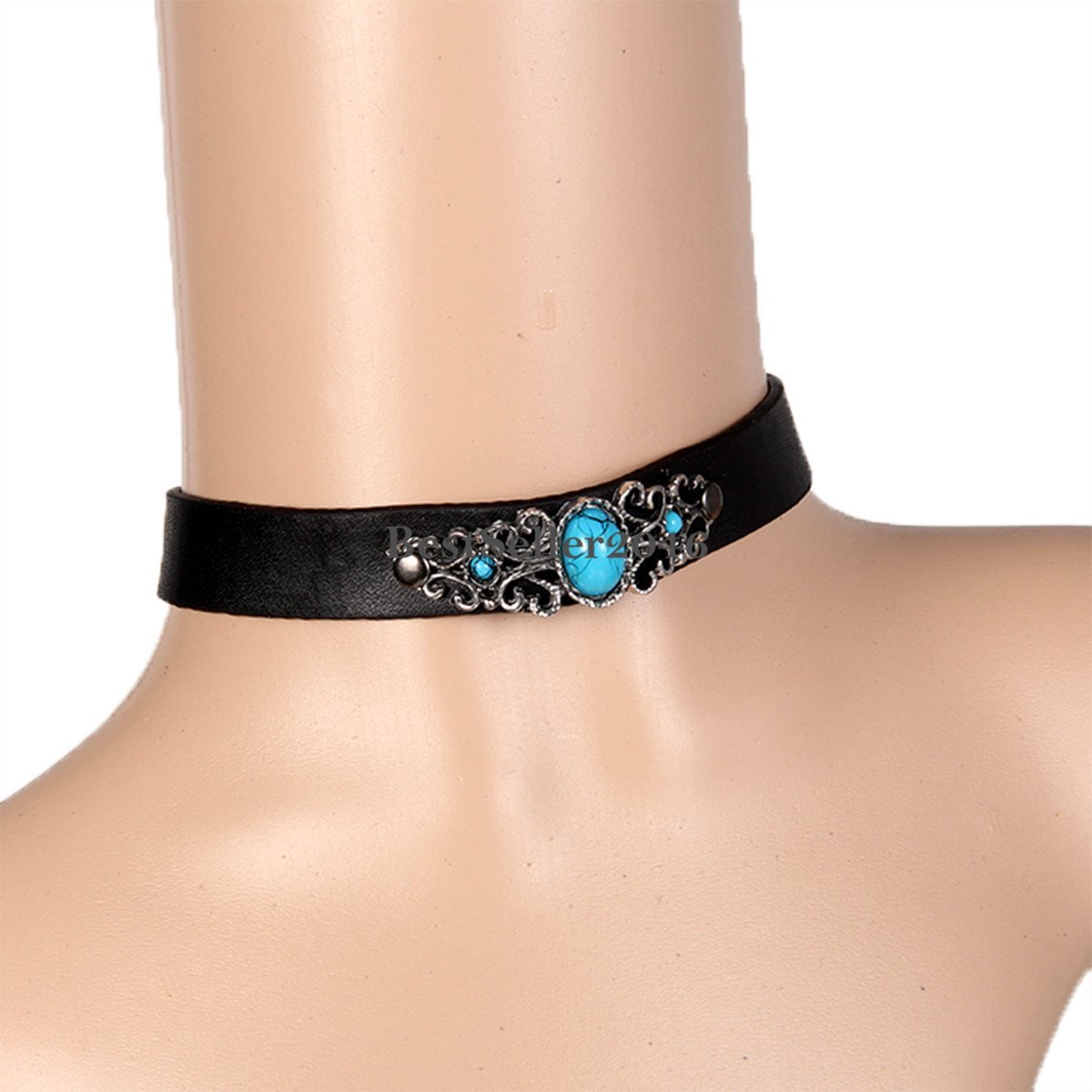 Retro Floral Oval Manmade Turquoise Black Leather Buckle Collar Choker Necklace