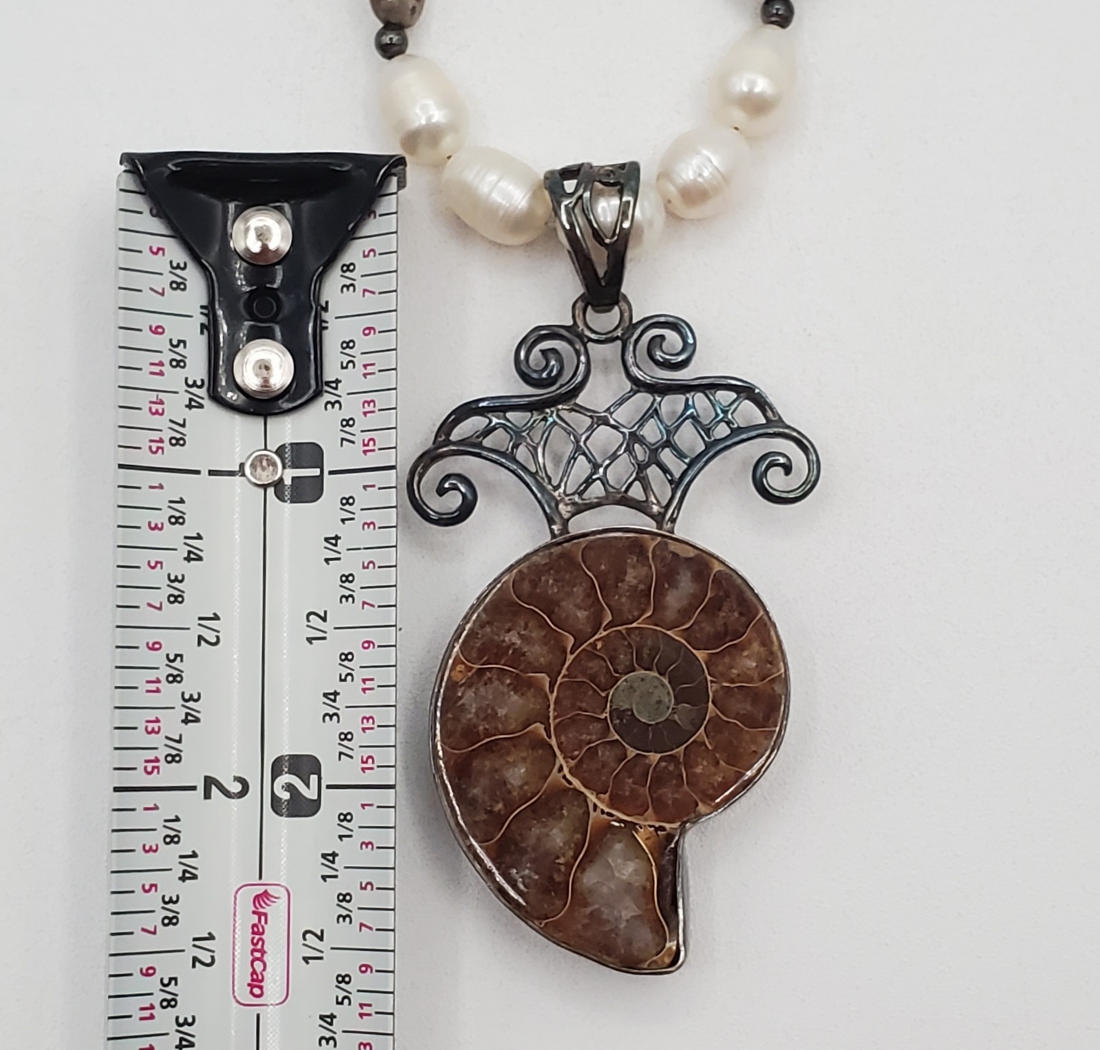 VTG 925 Ammonite Fossil Pendant Pearl Glass 16in Necklace Sterling Silver 40gtw