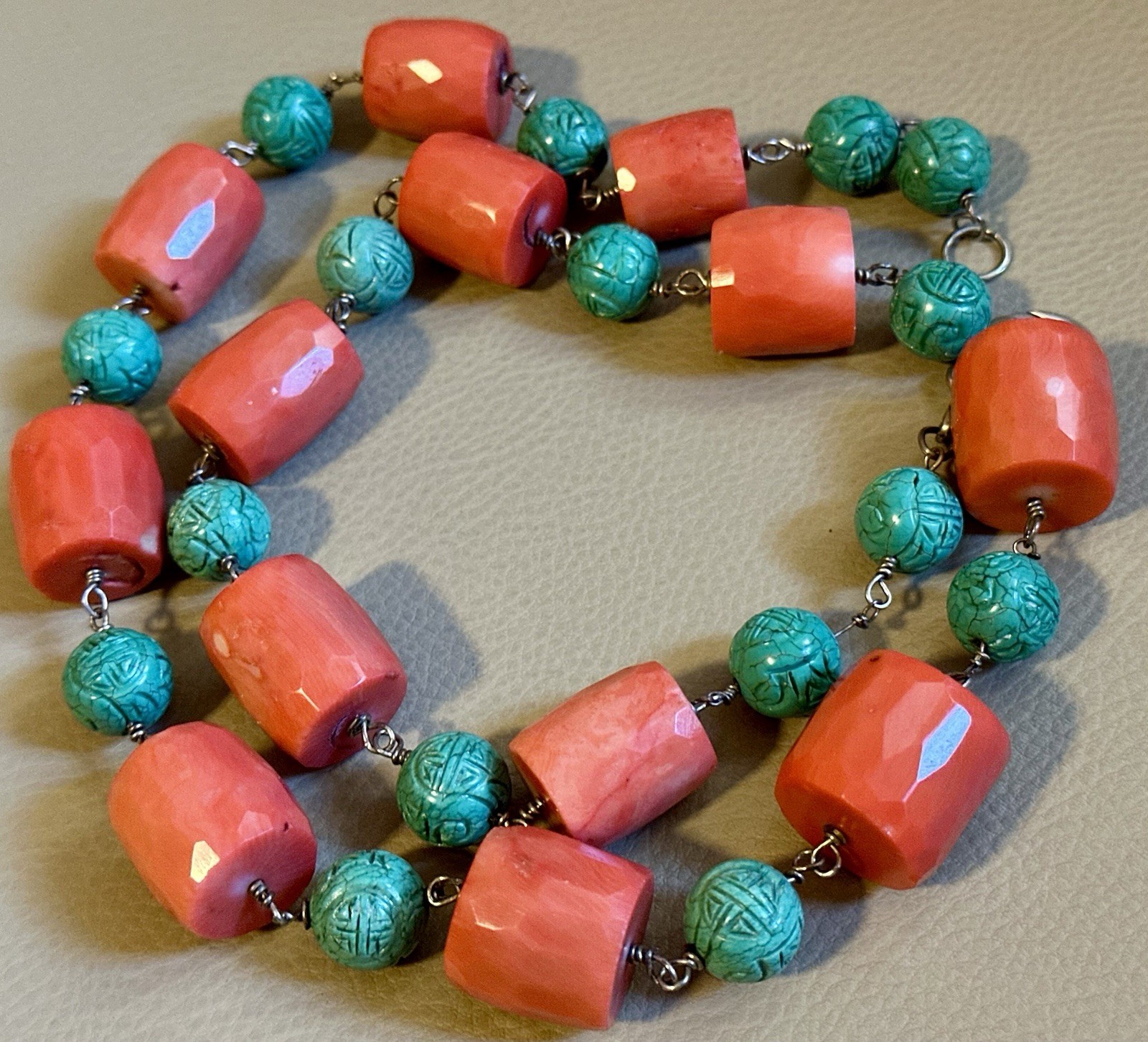 PINK CORAL NECKLACE MATCHING FACETED BEADS-TURQUOISE-SILVER 925-80 CM