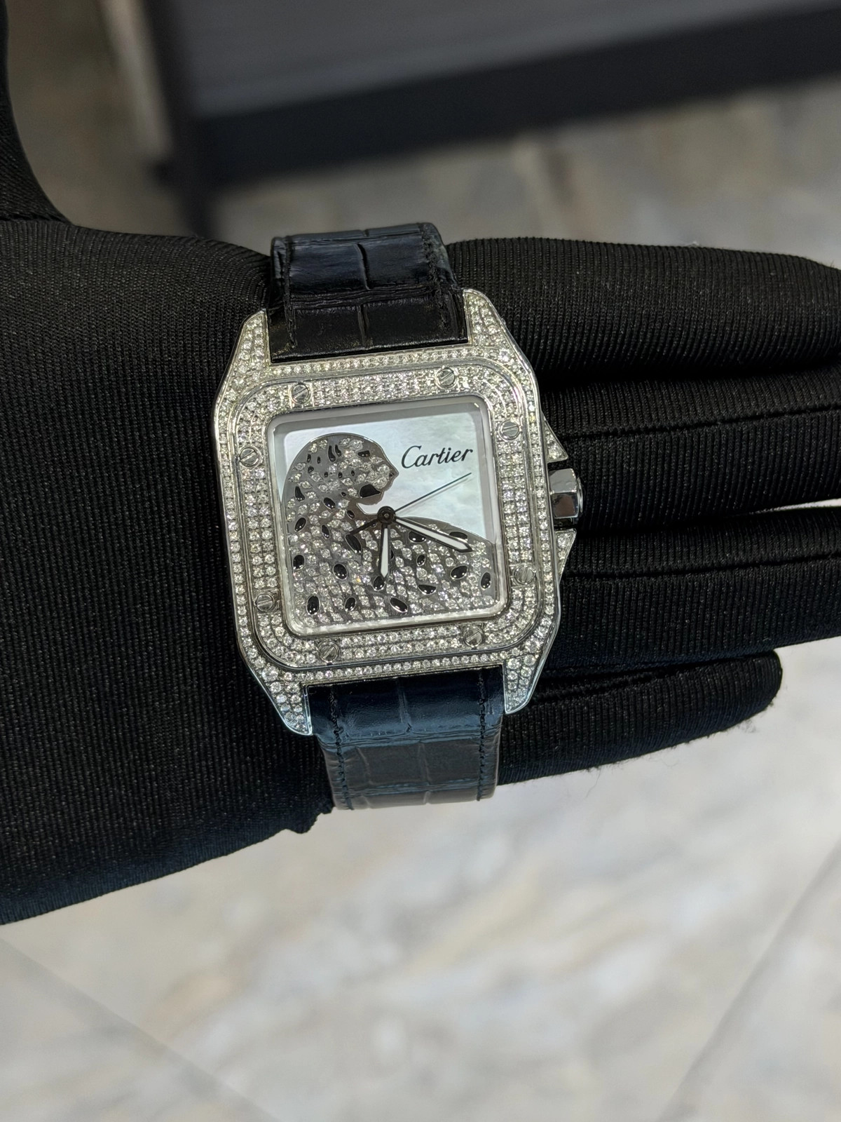 Cartier Santos 100 Custom MOP PANTHERE Dial on Black lather 2656 with Box