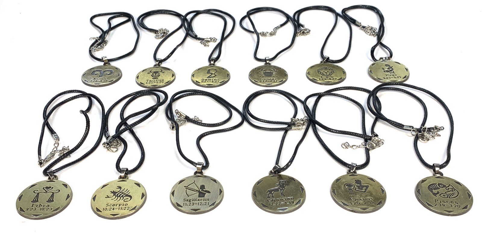 Astrology Horoscope Pendant & Necklace Sets Lot Of 12 Brass Color 18” Cord