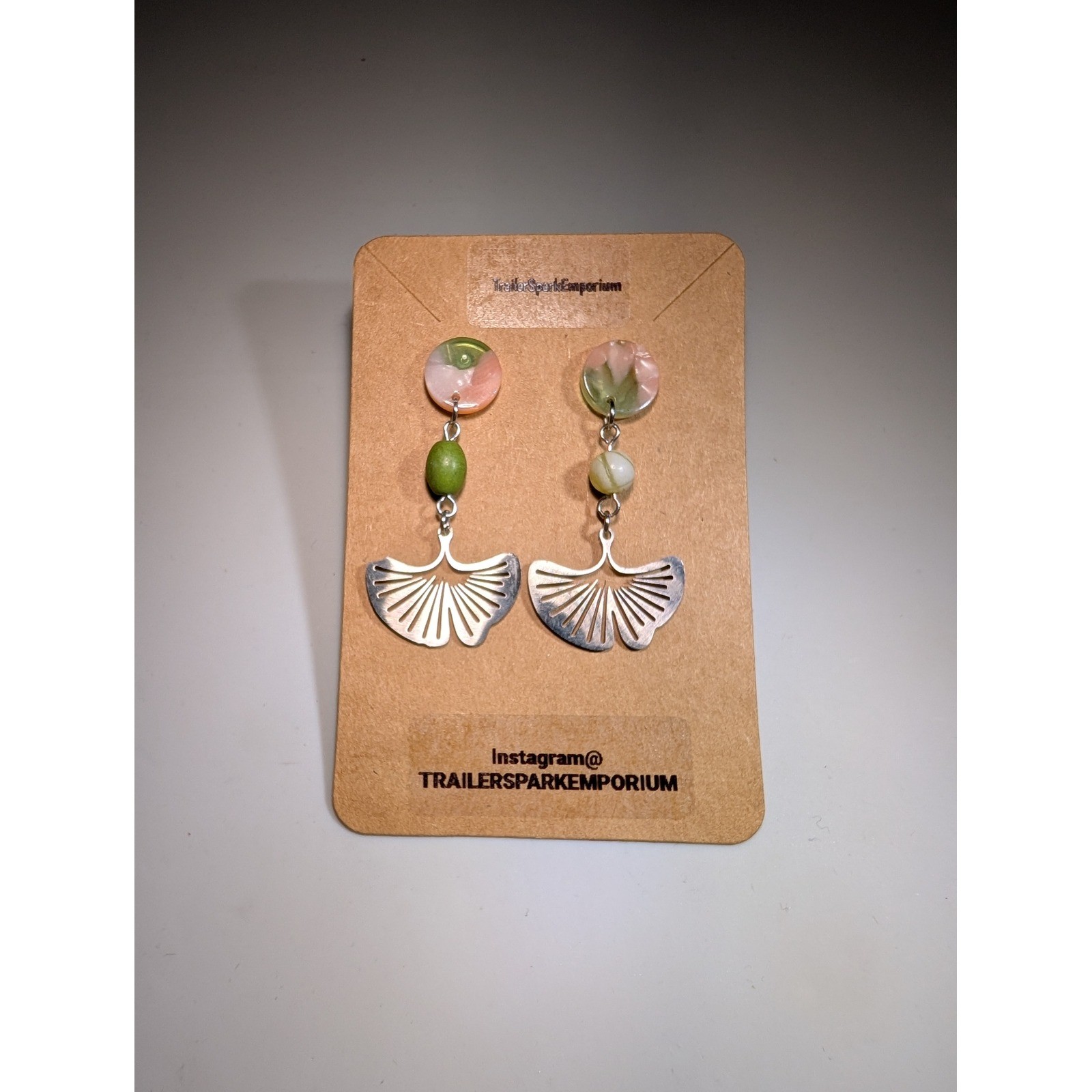 TrailerSparkEmporium Ginkgo Leaf Drop Earrings Pink Green Marbled Nickel Free
