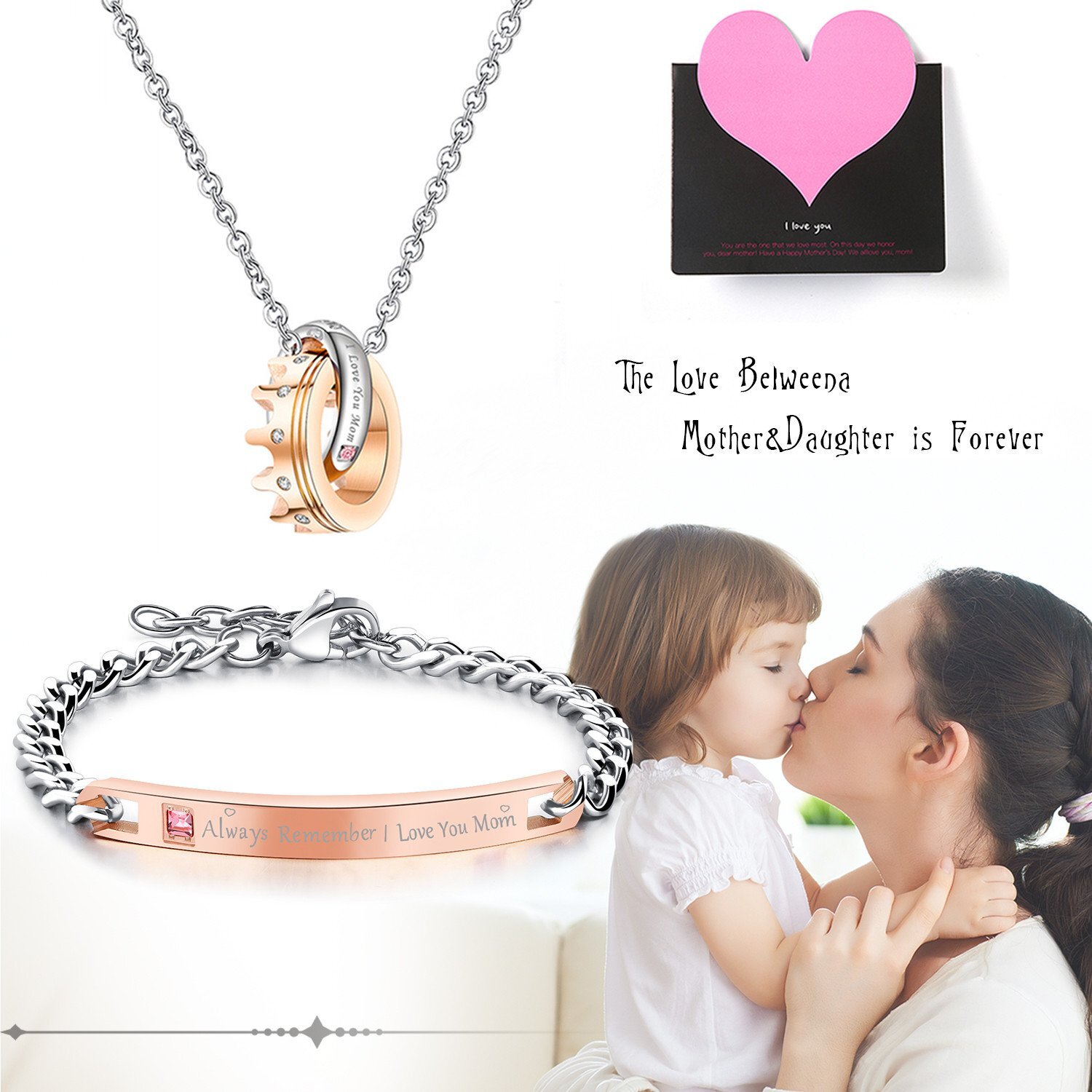 ‘I Love You Mom’ Crown Ring Interlocking Necklace Bracelet Set Mother’s Day Gift