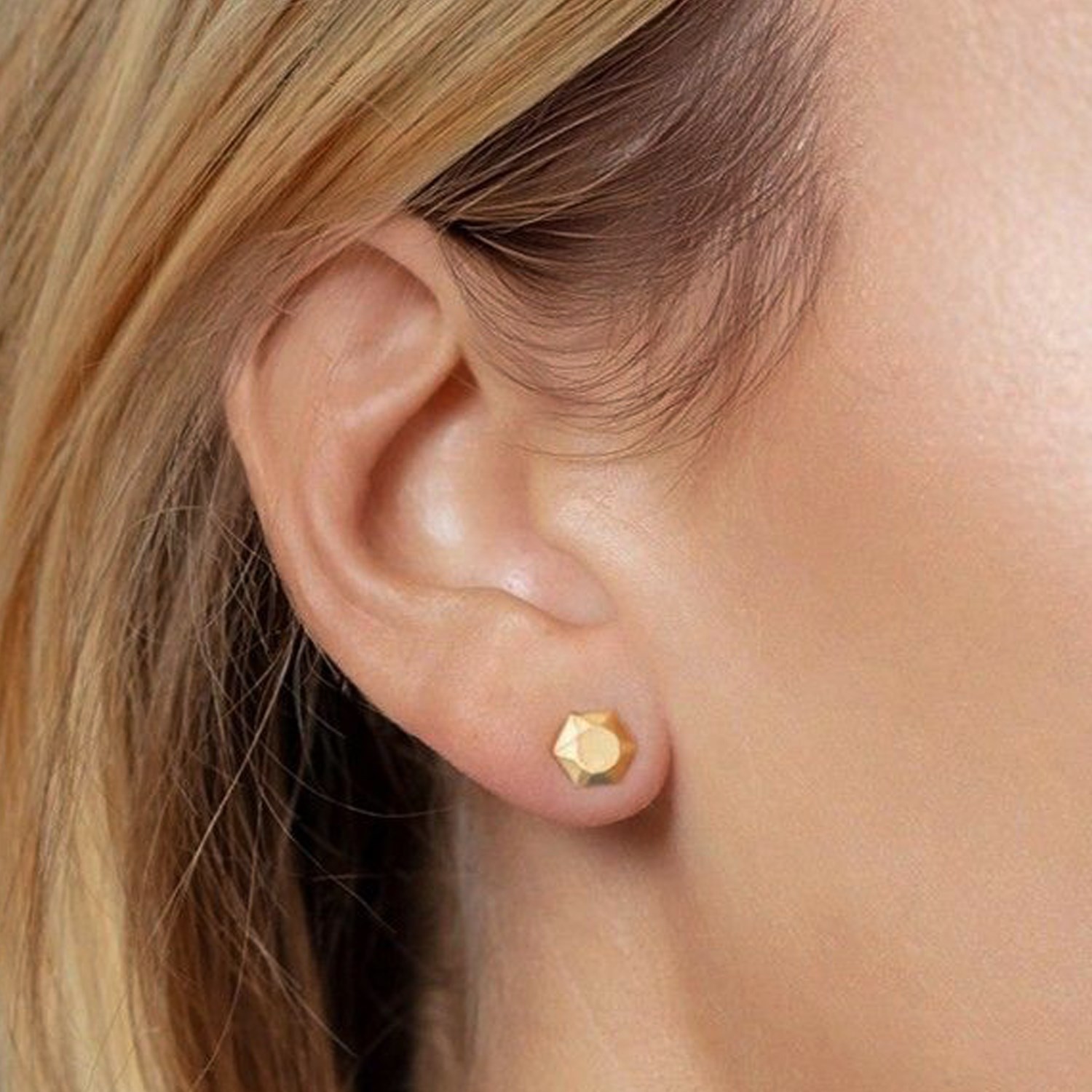 Flat Back Hexagon Stud Earrings, 14K Yellow Gold, 6.80 mm, Faceted