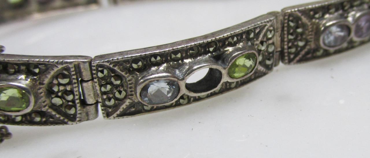 Sterling Silver Bracelet w/ Multicolored Stones & Marcasites ~ 23.7g ~ 6-A330