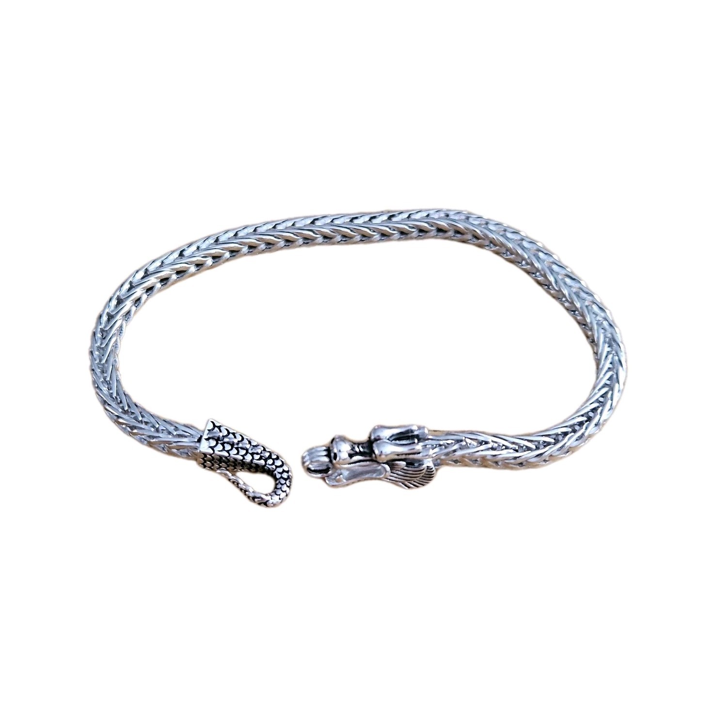 Sterling Silver 925 Dragon Head Foxtail Chain Bracelet size 7.5
