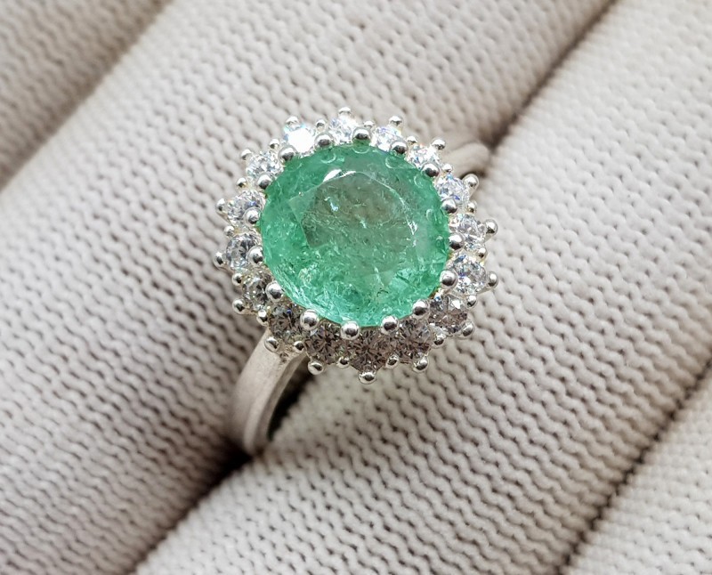 Round Cut Beautiful Natural Green Emerald Ring 19.40 Ct 92.5% Sterling Silver