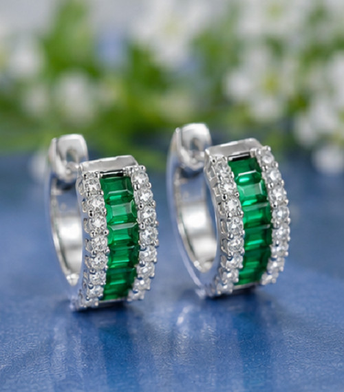 2ct Baguette Simulated Green Emerald/Diamond Hoop Earrings 14k White Gold Plated
