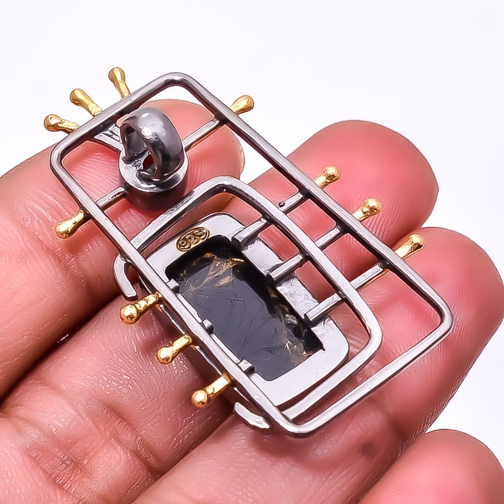 Copper Black Obsidian, Red Garnet Black And Gold Plated 925 Silver Pendant 1.56″