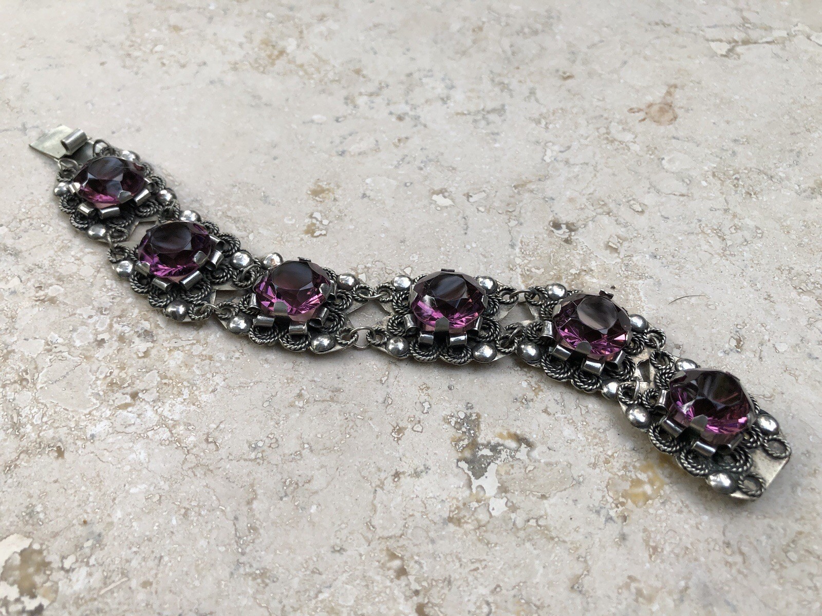 🌟🍇Vintage MEXICO STERLING SILVER Purple Color Stones STATEMENT PANEL Bracelet