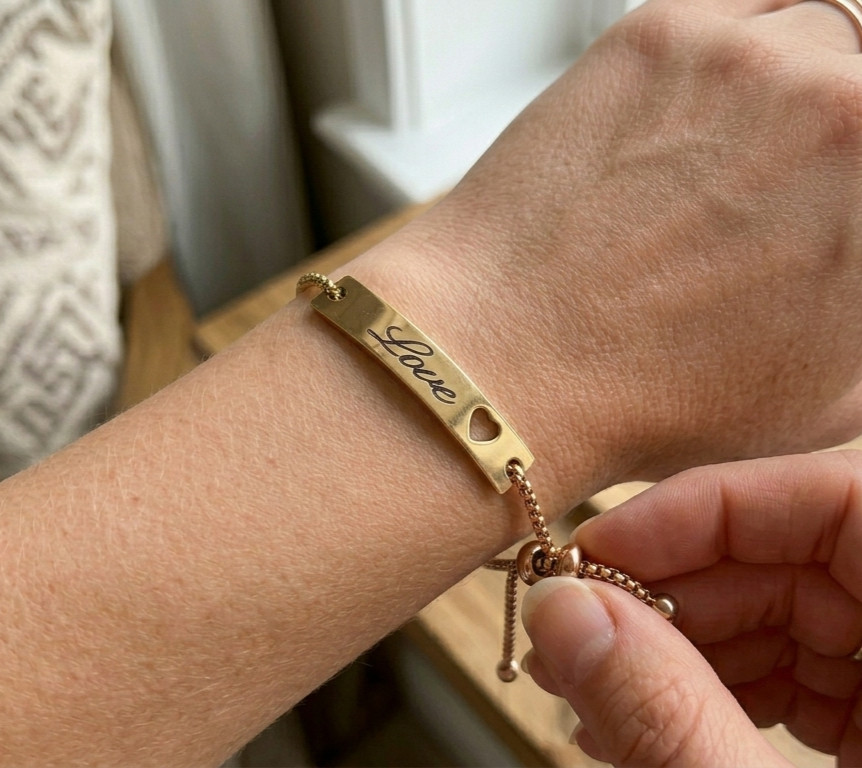 Gold Plated Stainless Steel Adjustable LOVE Engraved Cutout Heart Bracelet