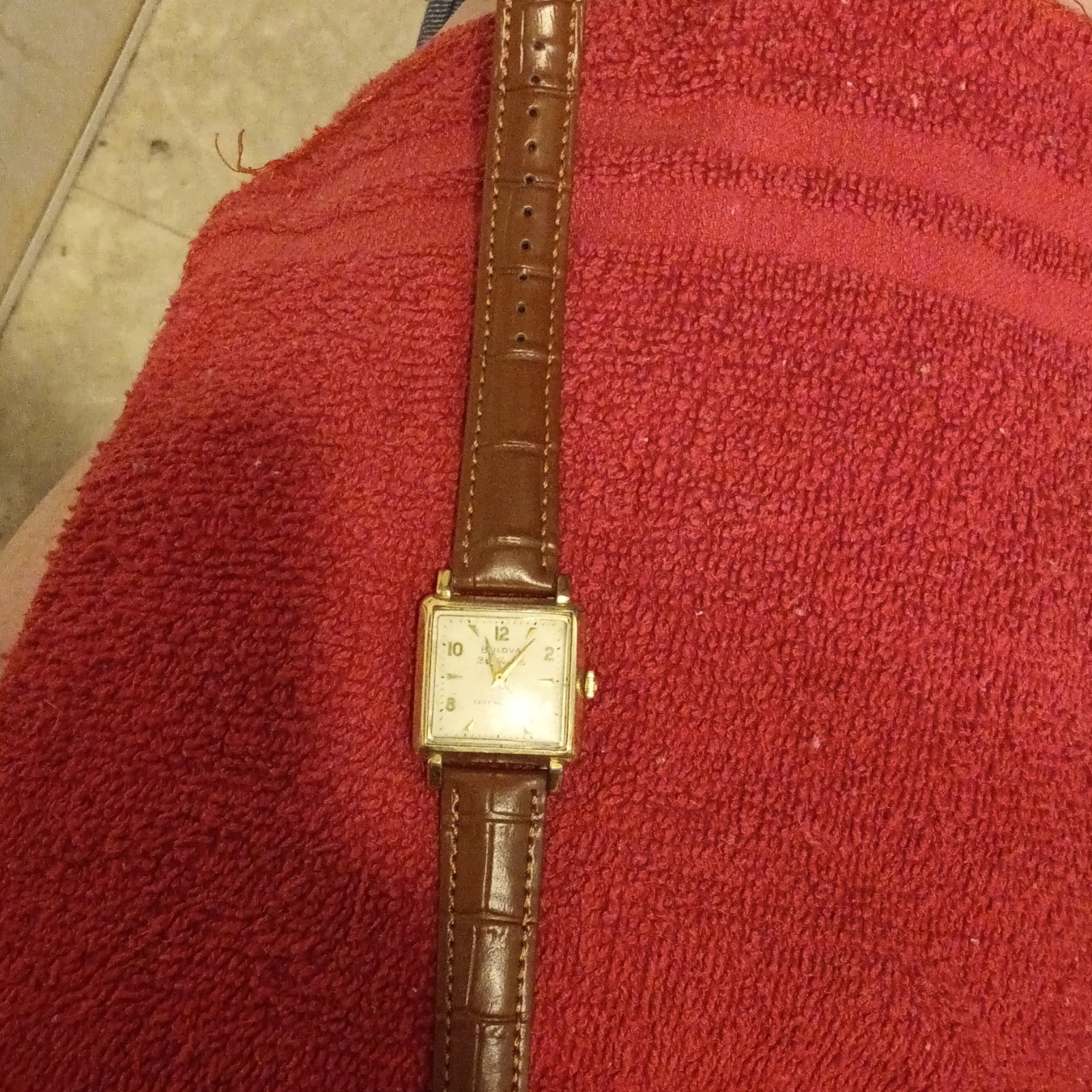 Bulova 23 Jewels Automatic Square Gold-Plated Watch White Dial Brown Leather