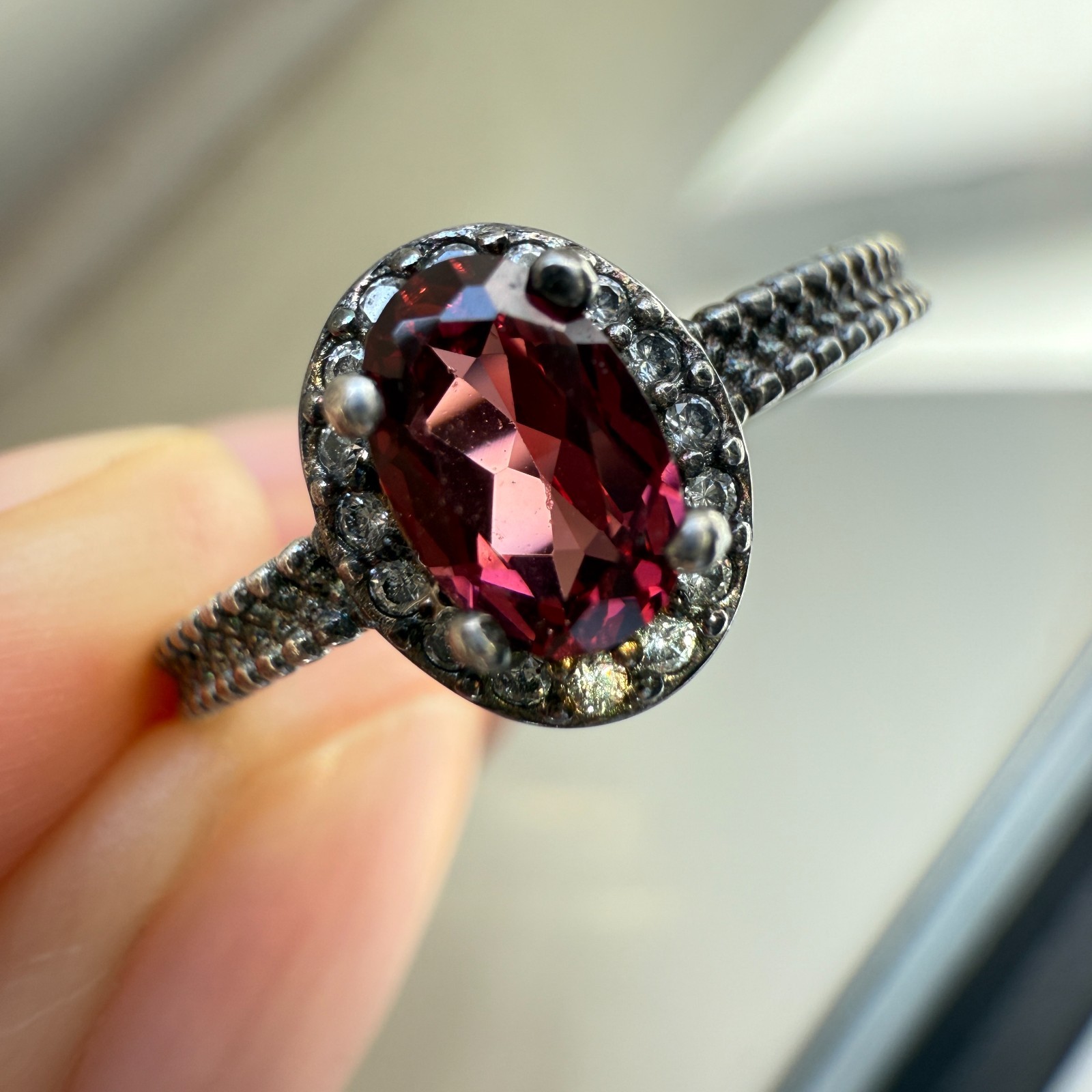 925 Sterling Silver Ring 6x4mm Natural Rhodolite Garnet Zircon Flower Red Gift
