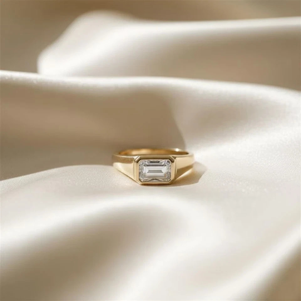 2Ct Emerald-Cut Moissanite Bezel Men’s Engagement Ring 14K Yellow Gold Plated