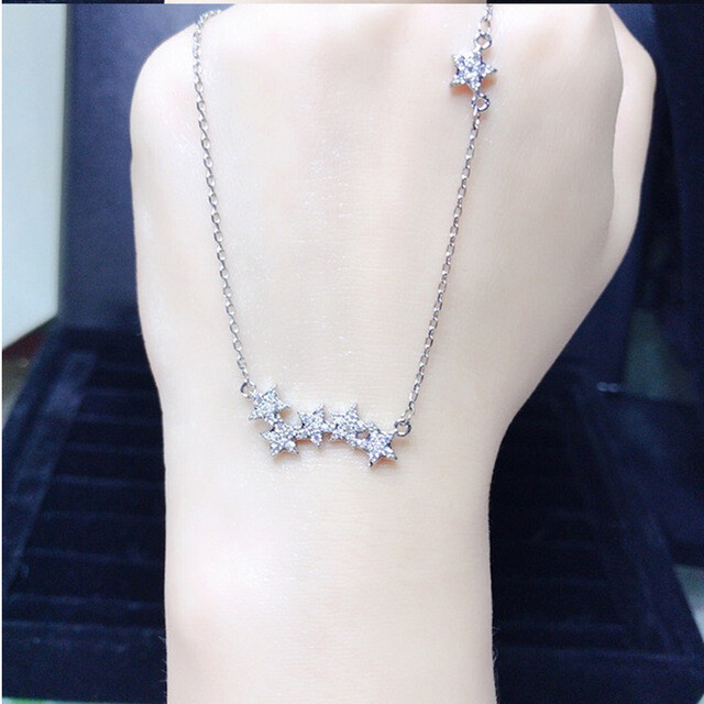 Micro-inlay Cubic Zirconia 925 Sterling Silver Stars Crawler Pendant Necklace I5