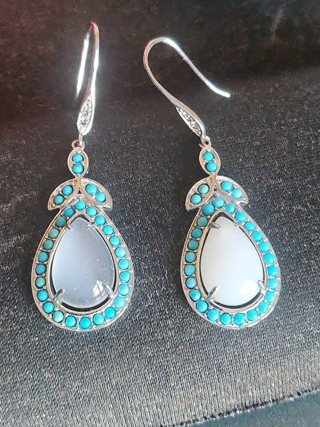 Affinity Gems Moon Stone & Blue Turquoise Sterling Silver 925 Drop Earrings NWOT