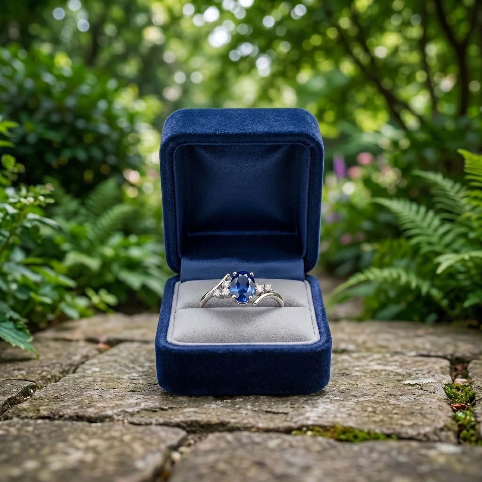 2.80Ct Oval Cut Natural Blue Sapphire & Diamond 14K White Gold Engagement Ring