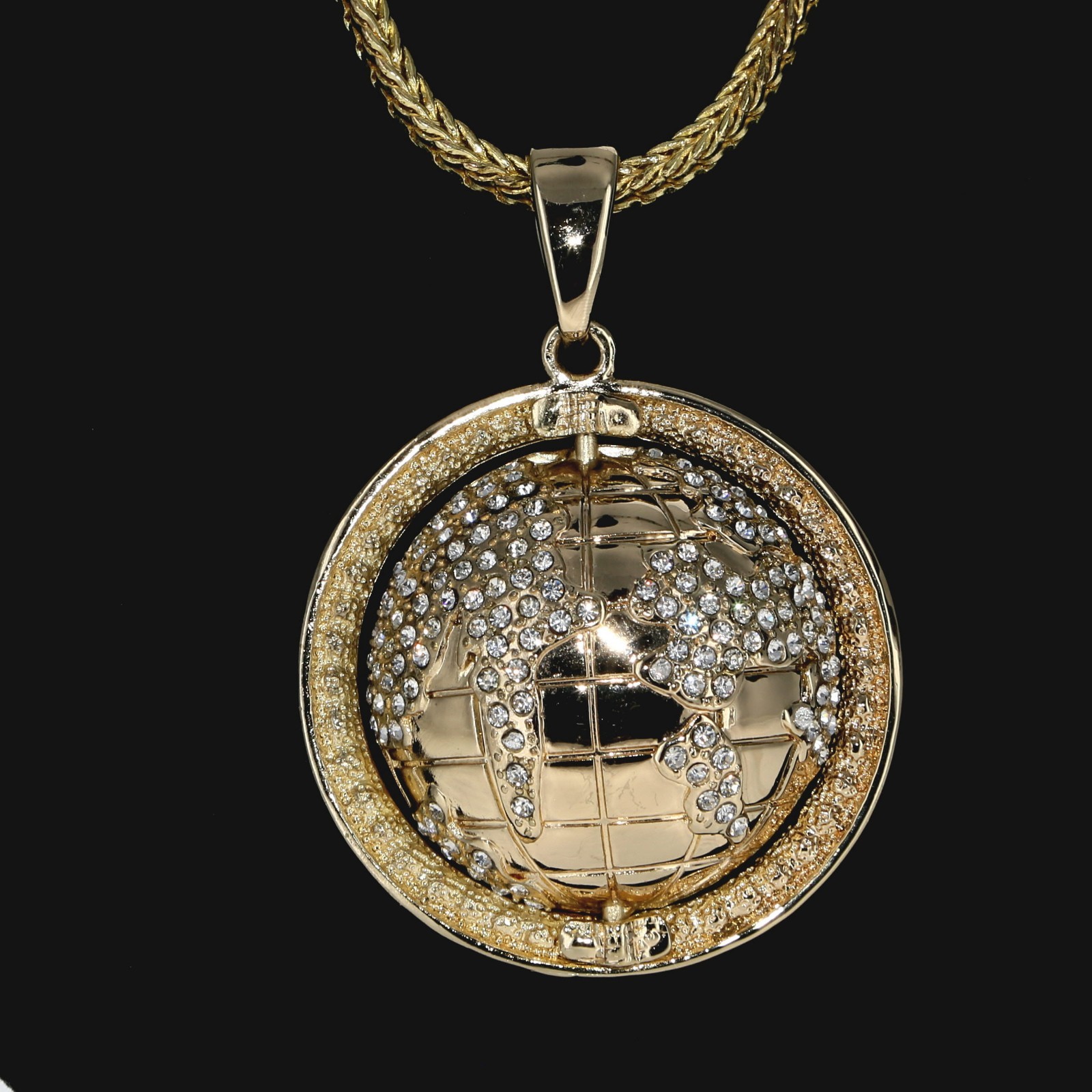 Hip Hop Gold Finish Iced Earth World Pendant Bling Chain 38″ Franco Chain