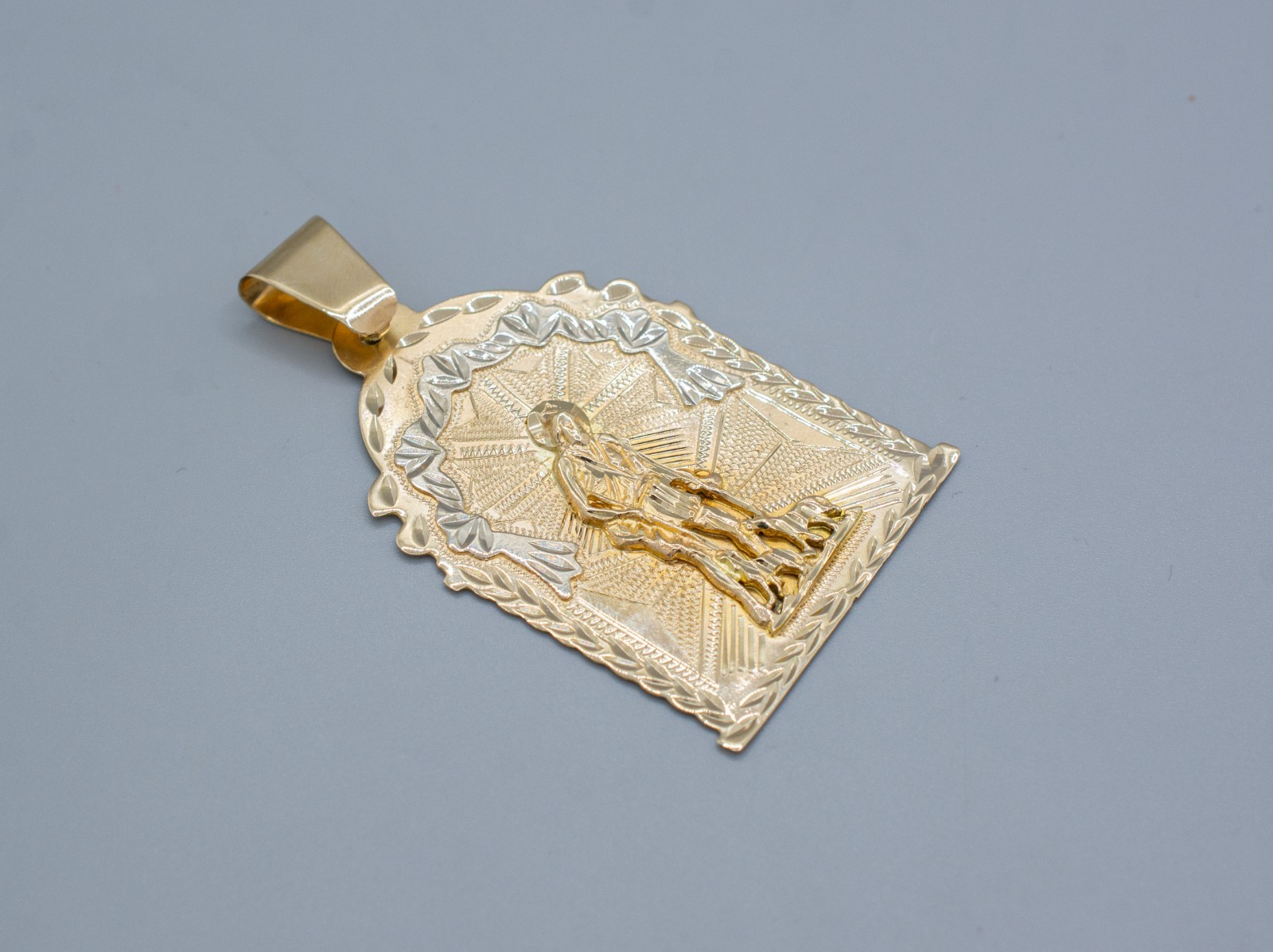 (MA4) 14k Two Tone Gold Saint Lazaro Pendant 16 Grams 2-3/4″x1-5/8″