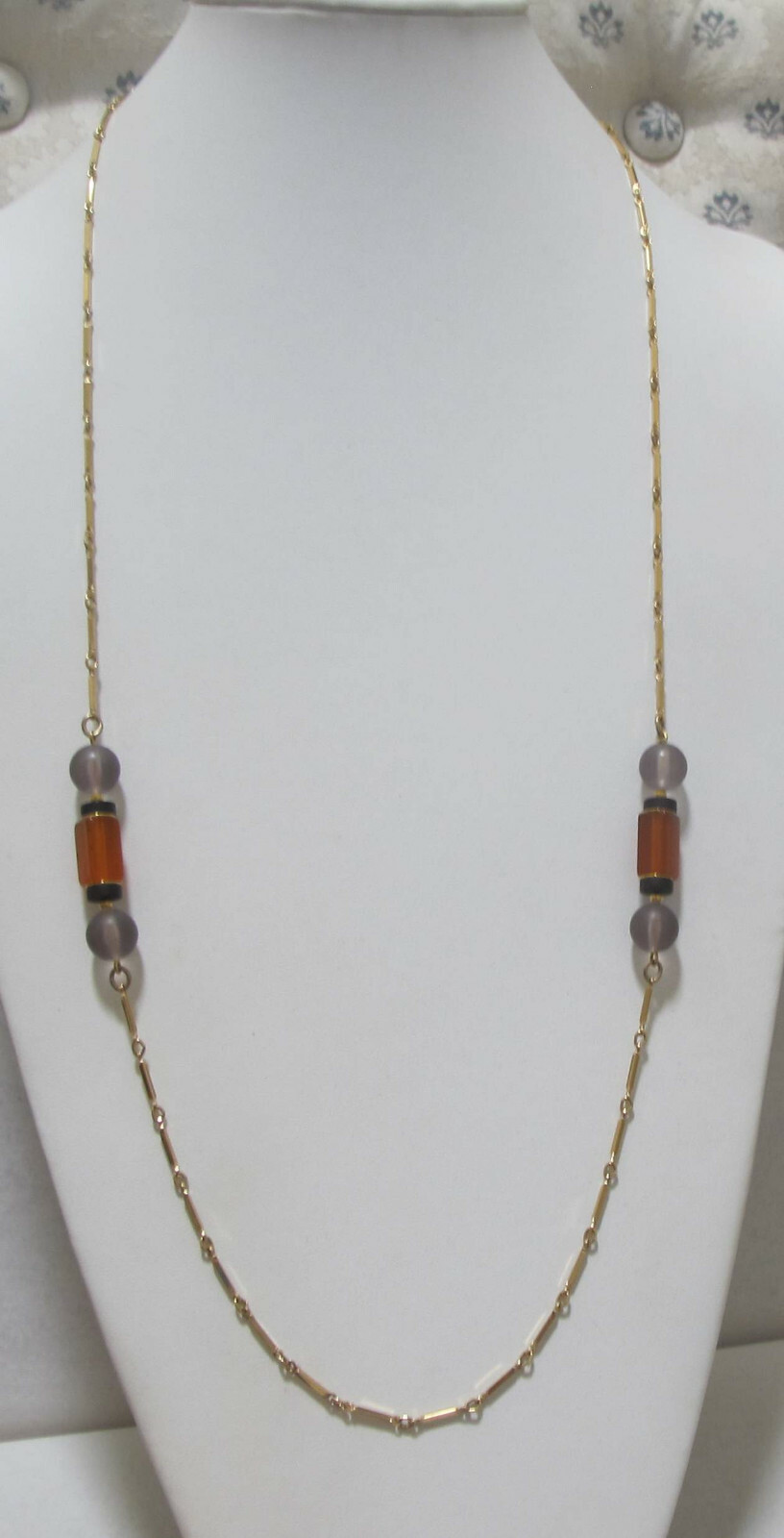 Vtg 1978 SARAH COV “Monterey” 35” Gold Tone Orange Grey Black Station Necklace
