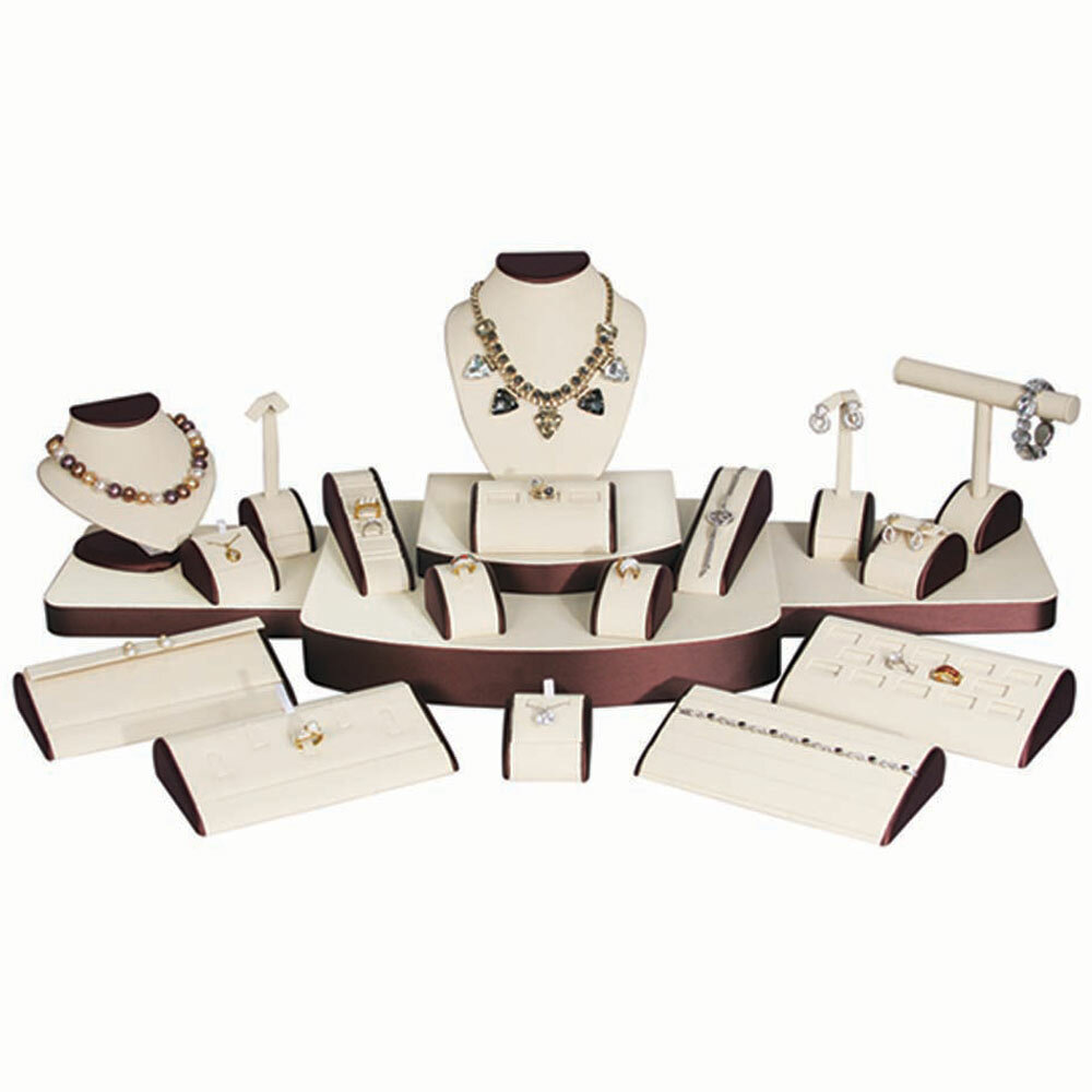 21 Piece Beige with Steel Leatherette Brown Trim Jewelry Necklace Earring Ring B