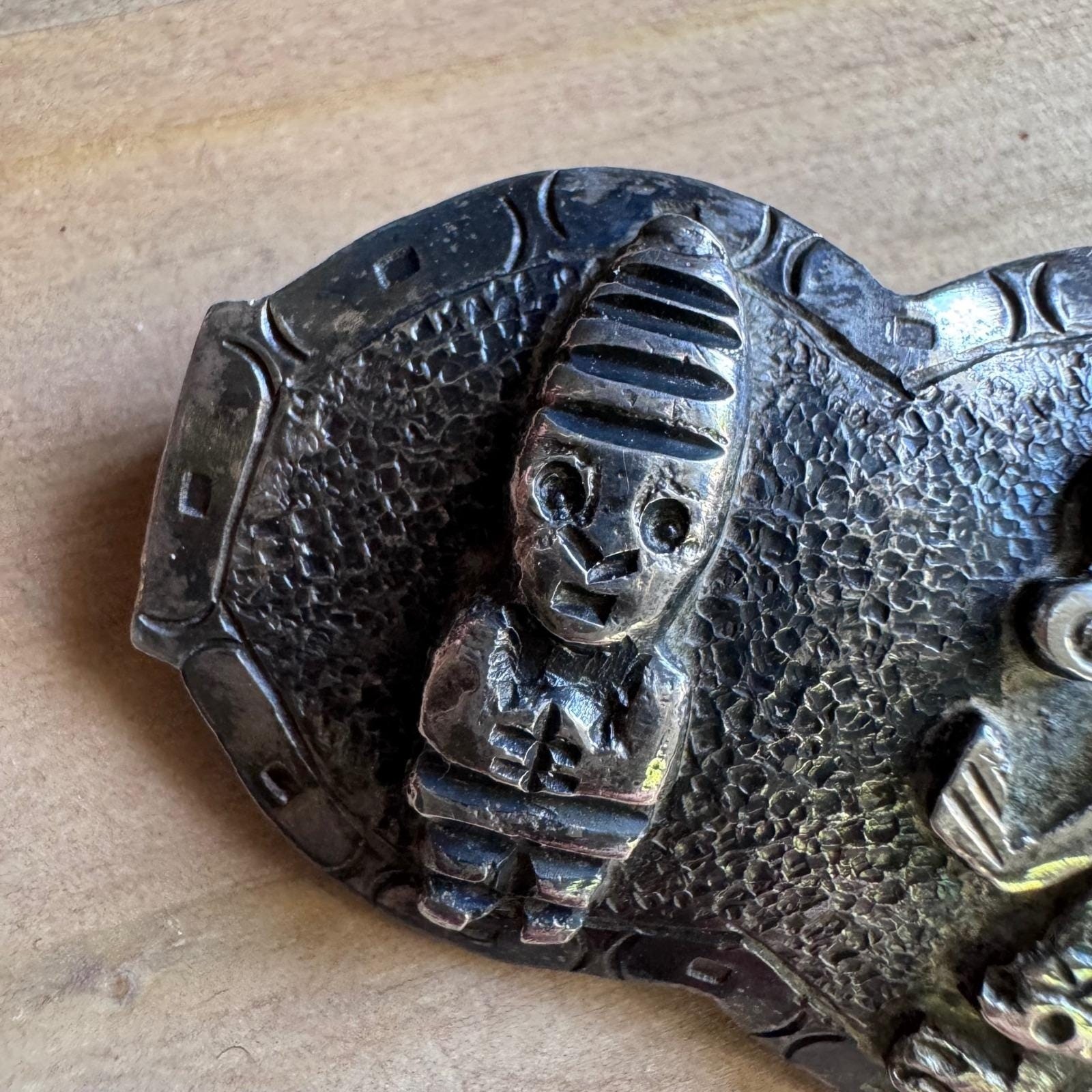 Vintage Peru 900 Silver Brooch Pre-Columbian Incan Deity Figures Leaf Hallmark