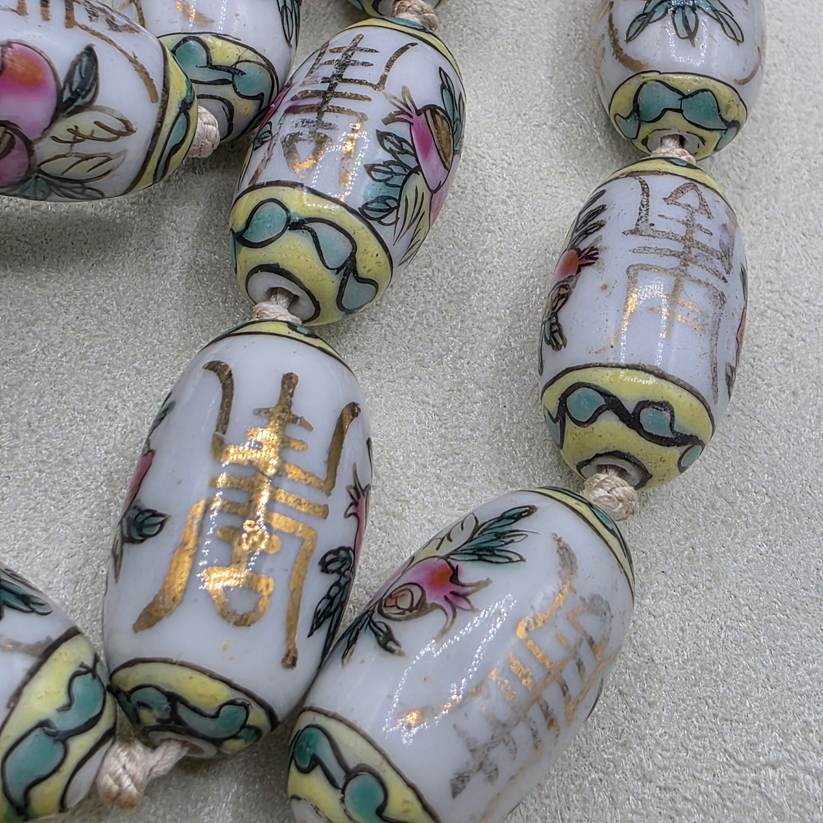 Vintage Chinese Export Hand Painted Porcelain Beads White With Flowers 24″