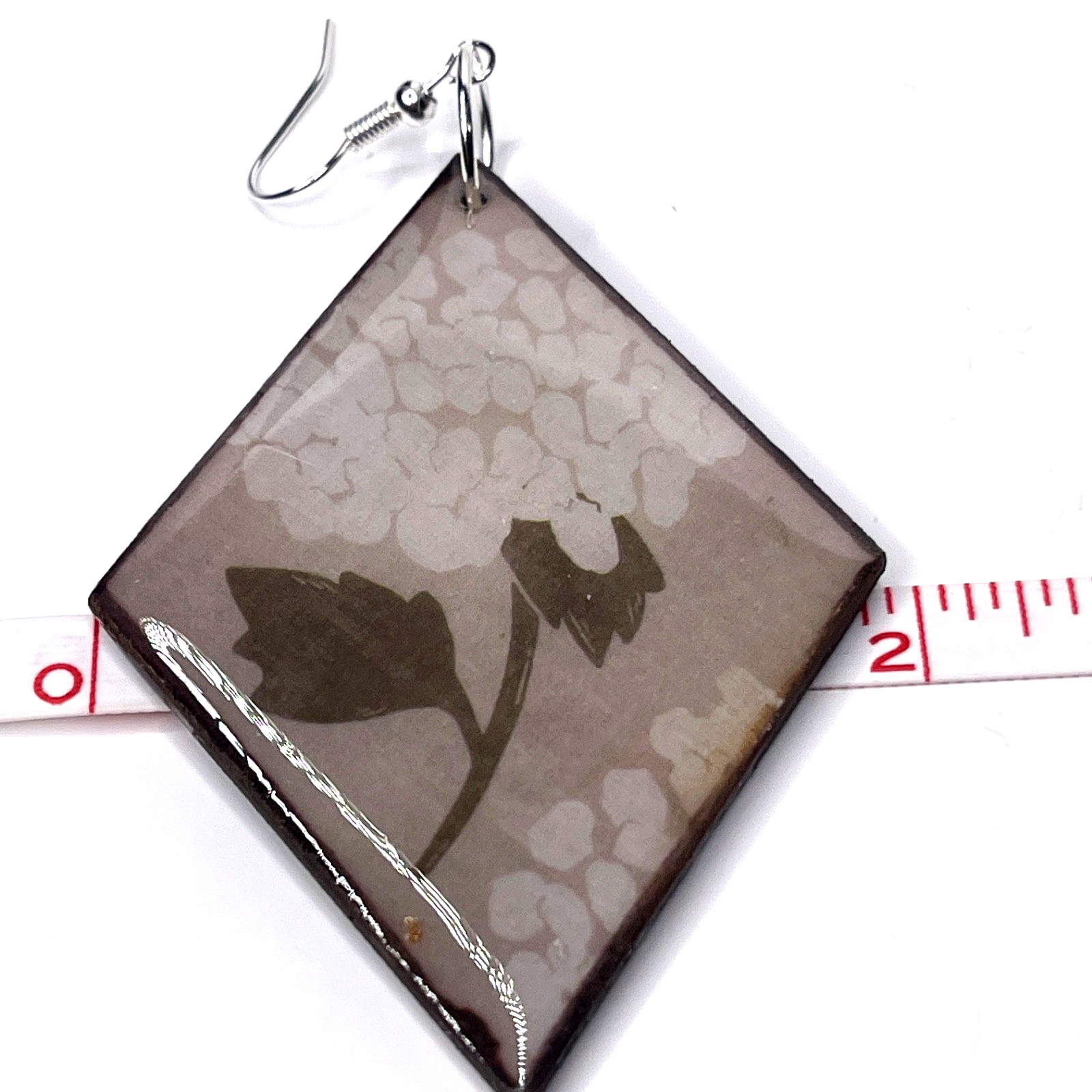 Earrings: 3.75in Handmade Brown Floral Diamond Shape Decoupage Wood Dangle/Drop