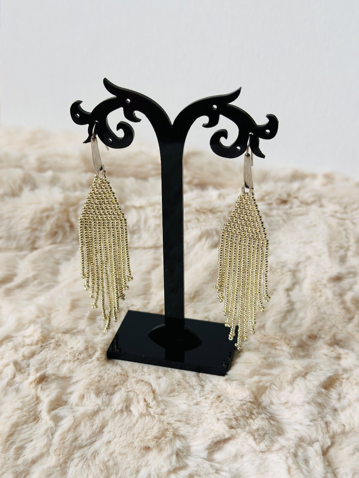 Silver beaded earrings with fringe, Shining long Miyuki seed bead earrings