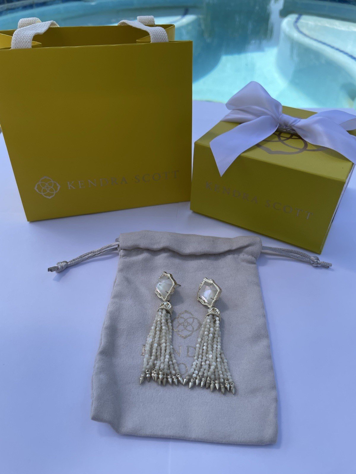 Kendra Scott Rayne Beaded Tassel Statement Earrings – Gold Ivory Mother-of-Pearl