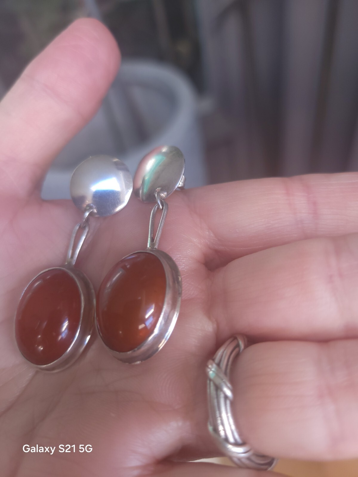 Susan Cummings 2″ Pierced Earrings Modern Silver & Amber McClure’s Nashville Tn