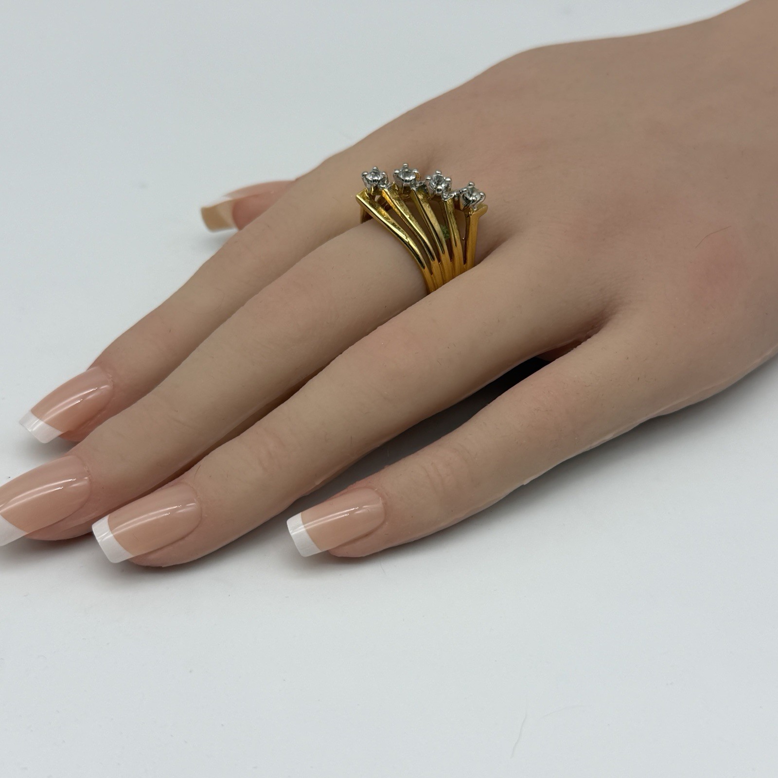 Vintage 18K Gold Electroplate Wide Wavy Bypass Cocktail Ring Clear Stones 7.25