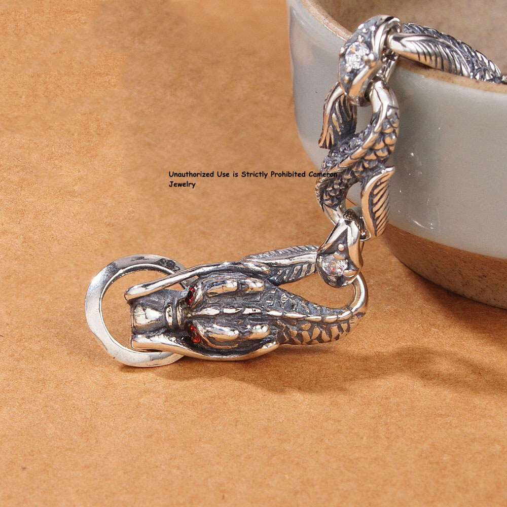 Pure S925 Sterling Silver Chain Men Women 4mm Dragon Link Bracelet 7.1-7.9in