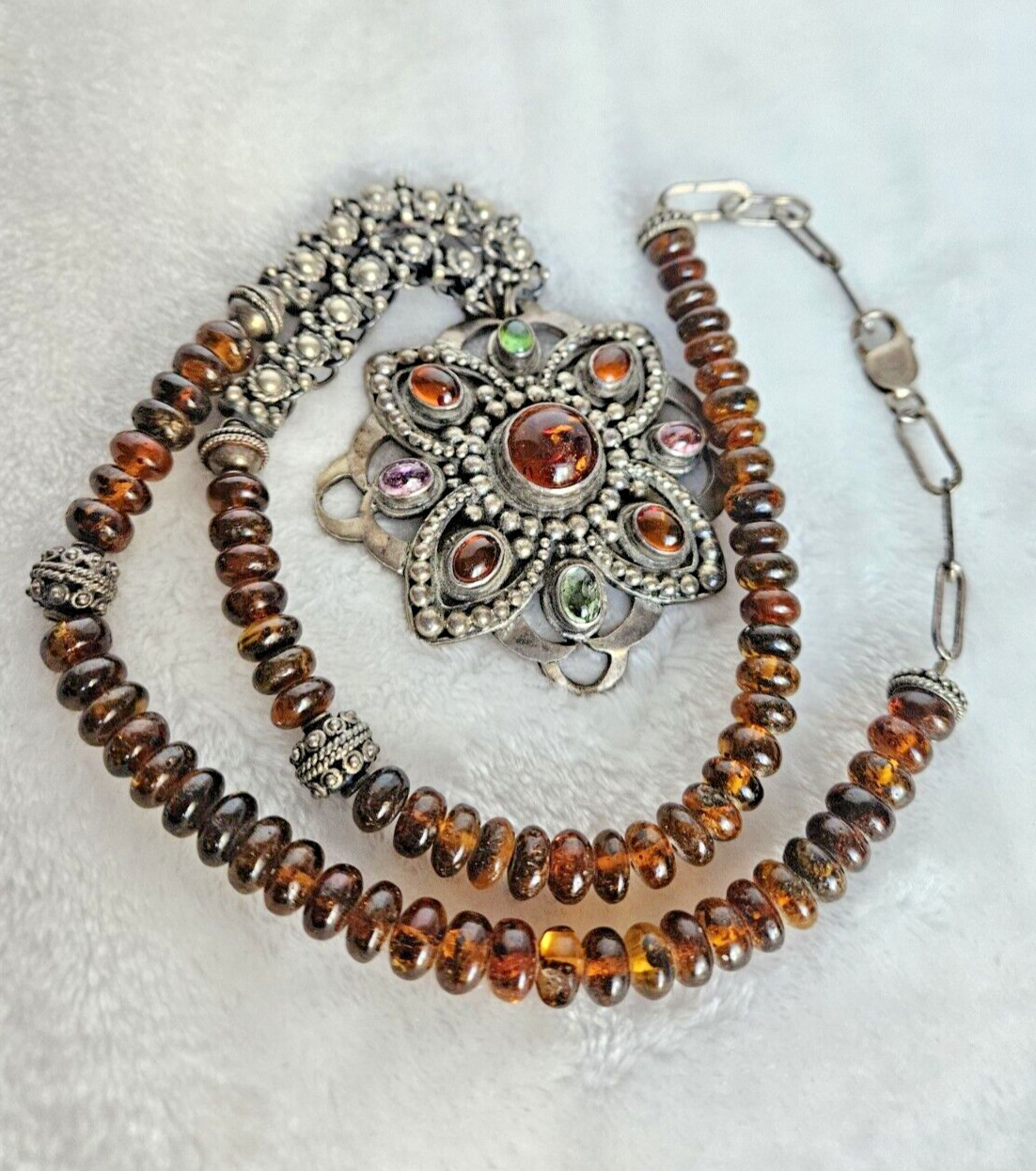 Vintage 925 Solid Sterling Silver Multicolor Amber Large Pendant Necklace