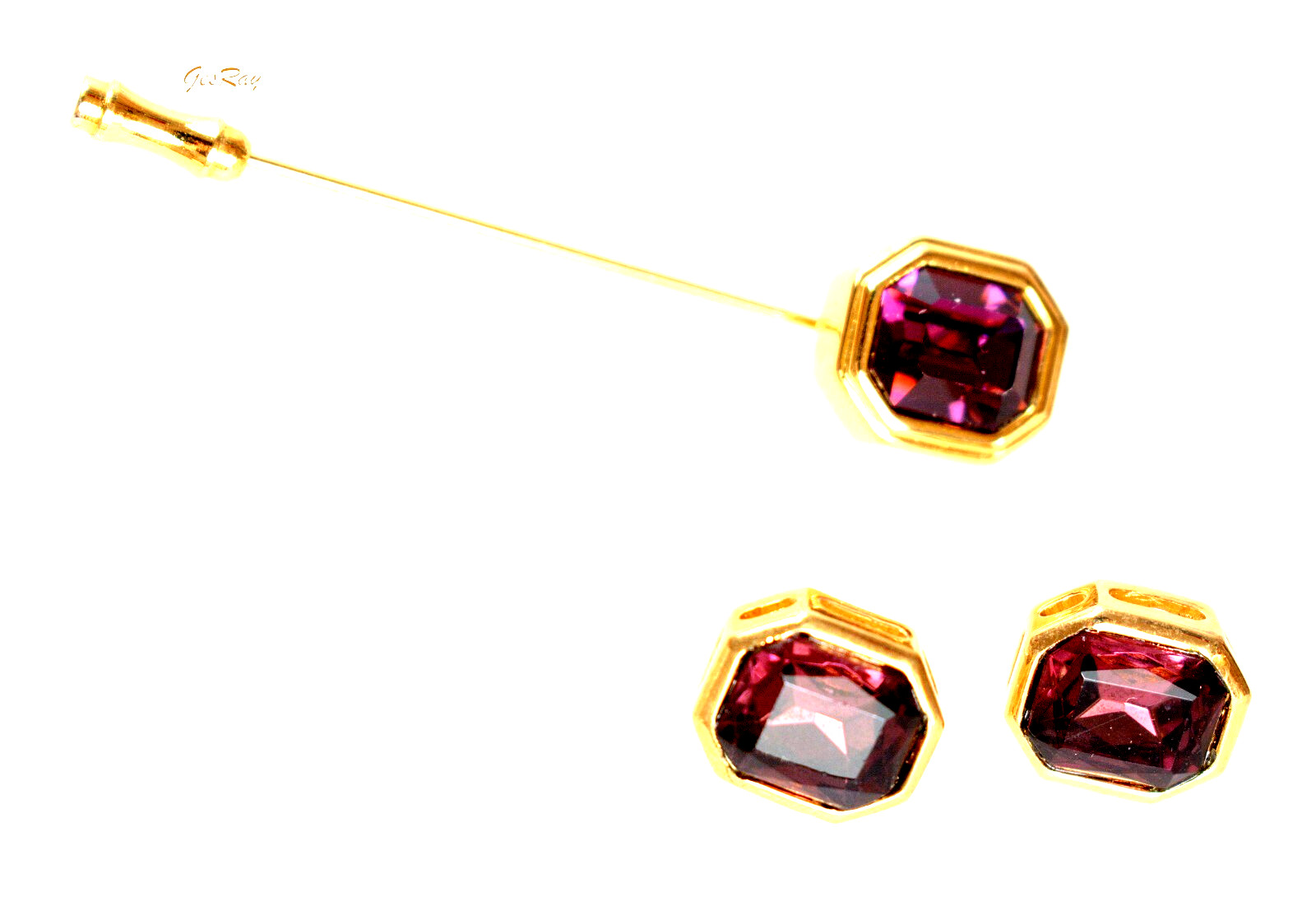 Faux Amethyst Stick Pin & Pierced Earrings Vintage