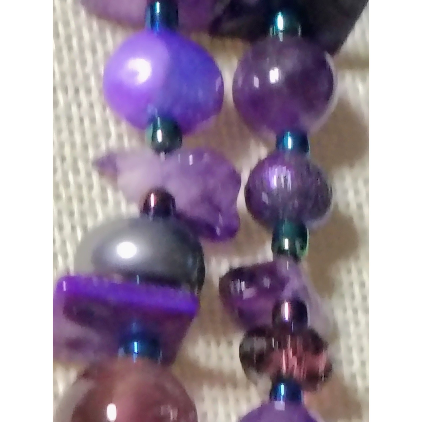 N774 Artisan Double Strand Amethyst Chip Bead Necklace Purple Shell Pearl Boho