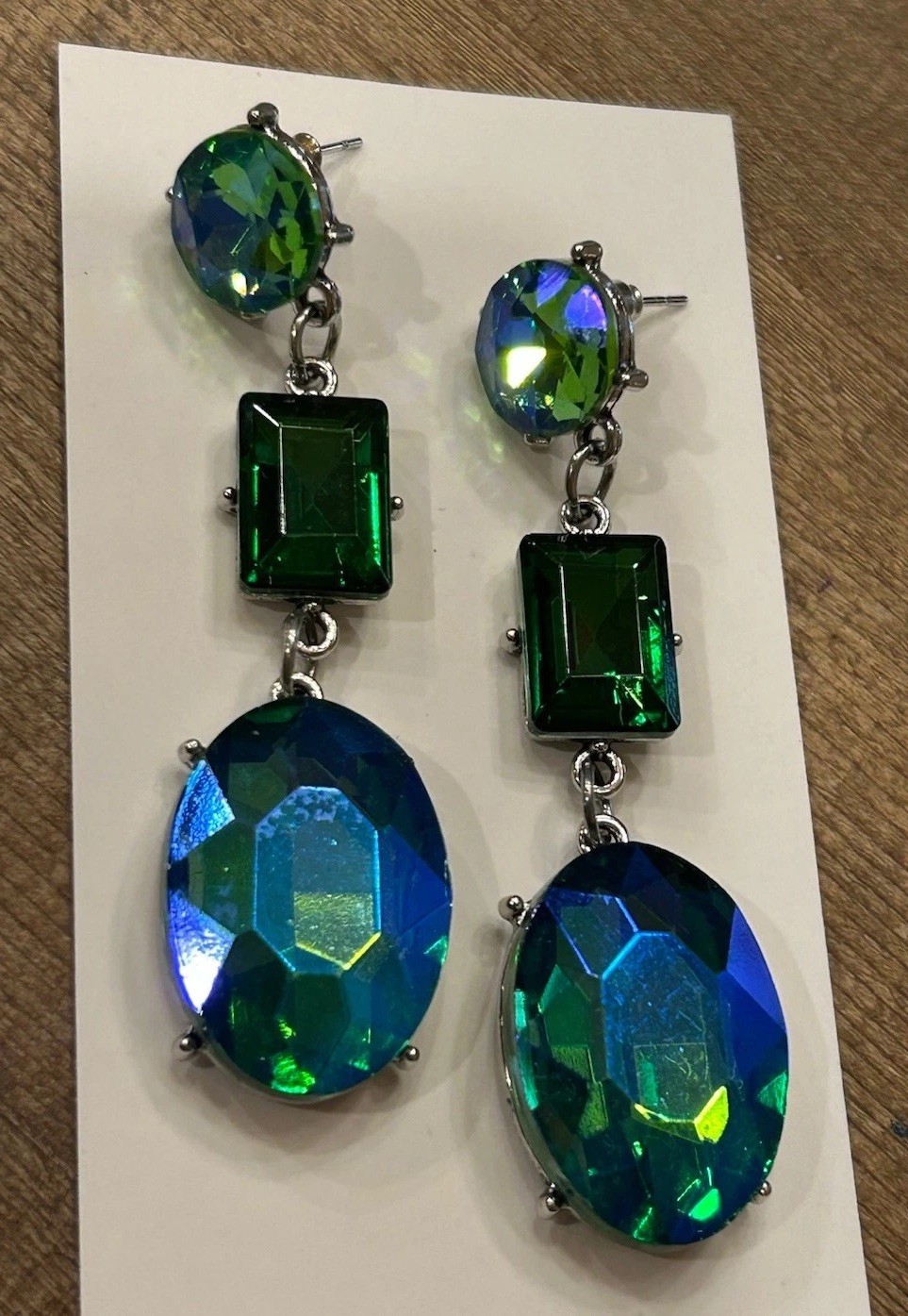 Stunning “Mermaid Dreams” Iridescent Green & Blue Dangle Rhinestone Earrings New