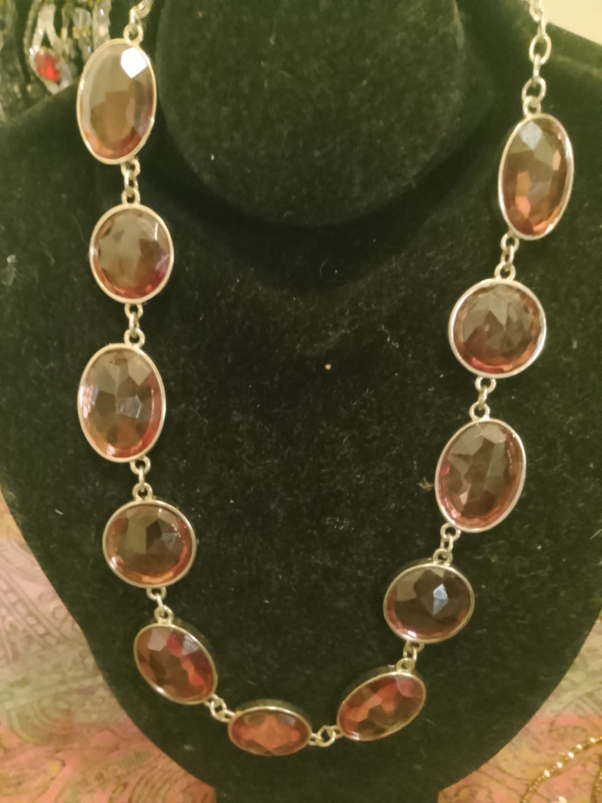 Silver Tone Oval Brown Glass Bezel Link Cable Chain Statement Necklace