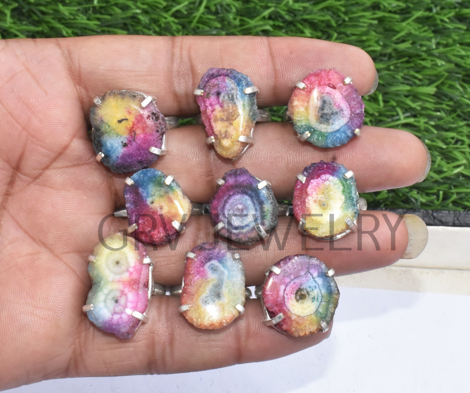 1-500 Pcs Natural Rainbow Solar Quartz In Rings Lot Bulk: Silver Plated Whr-70