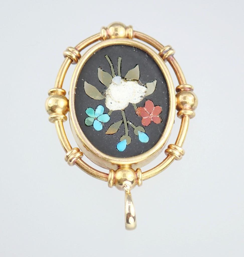 Fine Antique VICTORIAN Solid 18k Gold PIETRA DURA Mosaic Floral MOURNING PENDANT