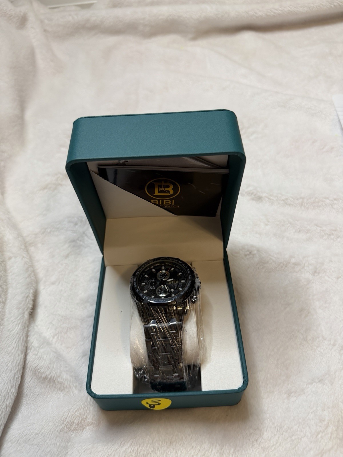 BIBI Men’s Chronograph Watch Black Dial Tachymeter Metal Bracelet w/ Box