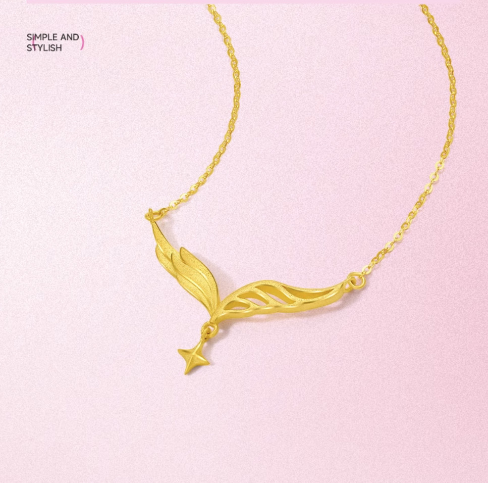 99% Pure Gold Openwork Matte Finish Wing Necklace 3.7 grams