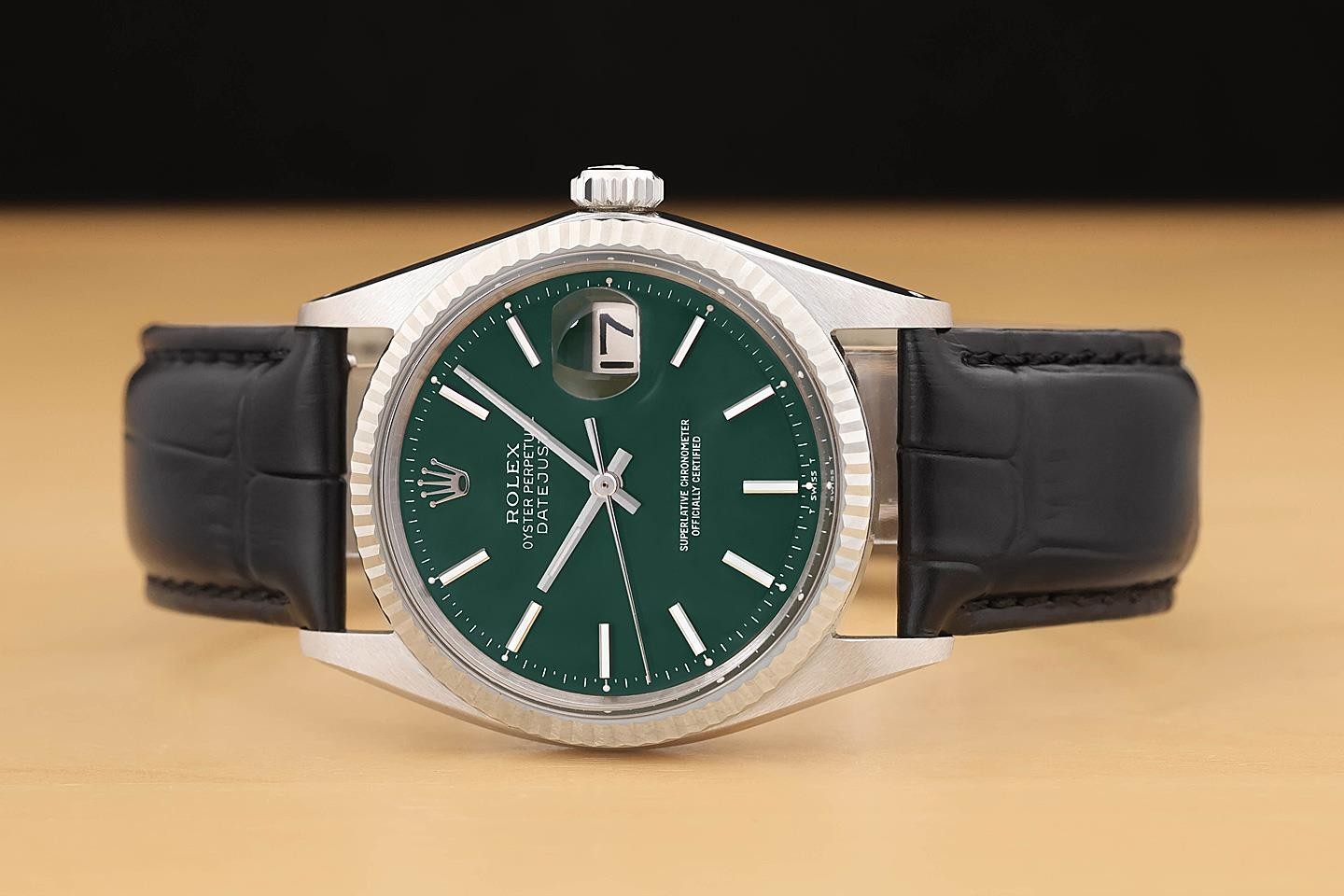 ROLEX DATEJUST 1601 GREEN DIAL 18K WHITE GOLD STEEL BLACK LEATHER BAND WATCH