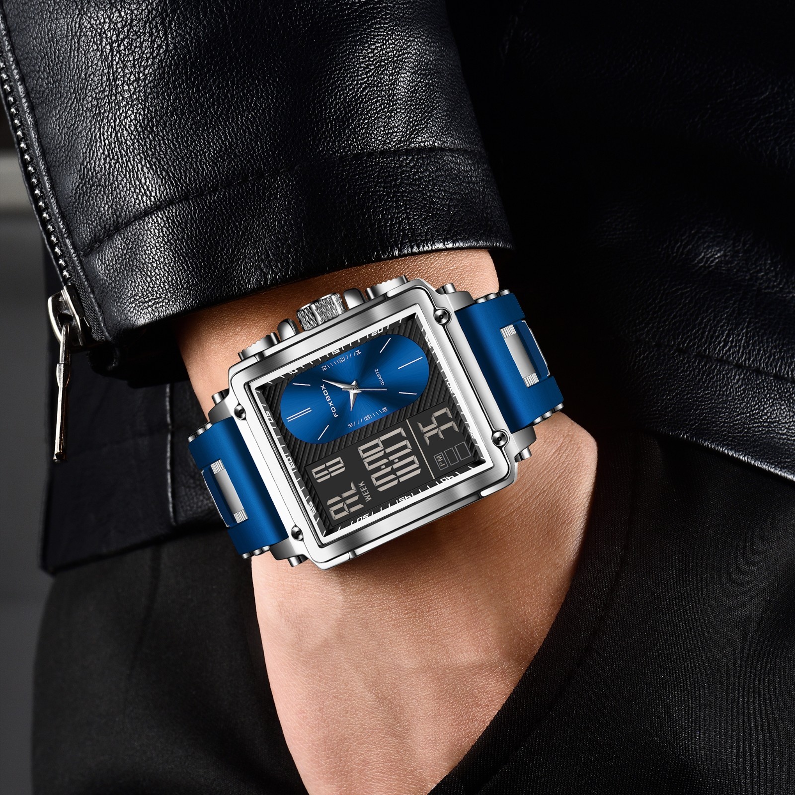 Sport Men Watch Quartz Square Big Dial LED Digital Waterproof Male Wristwatch