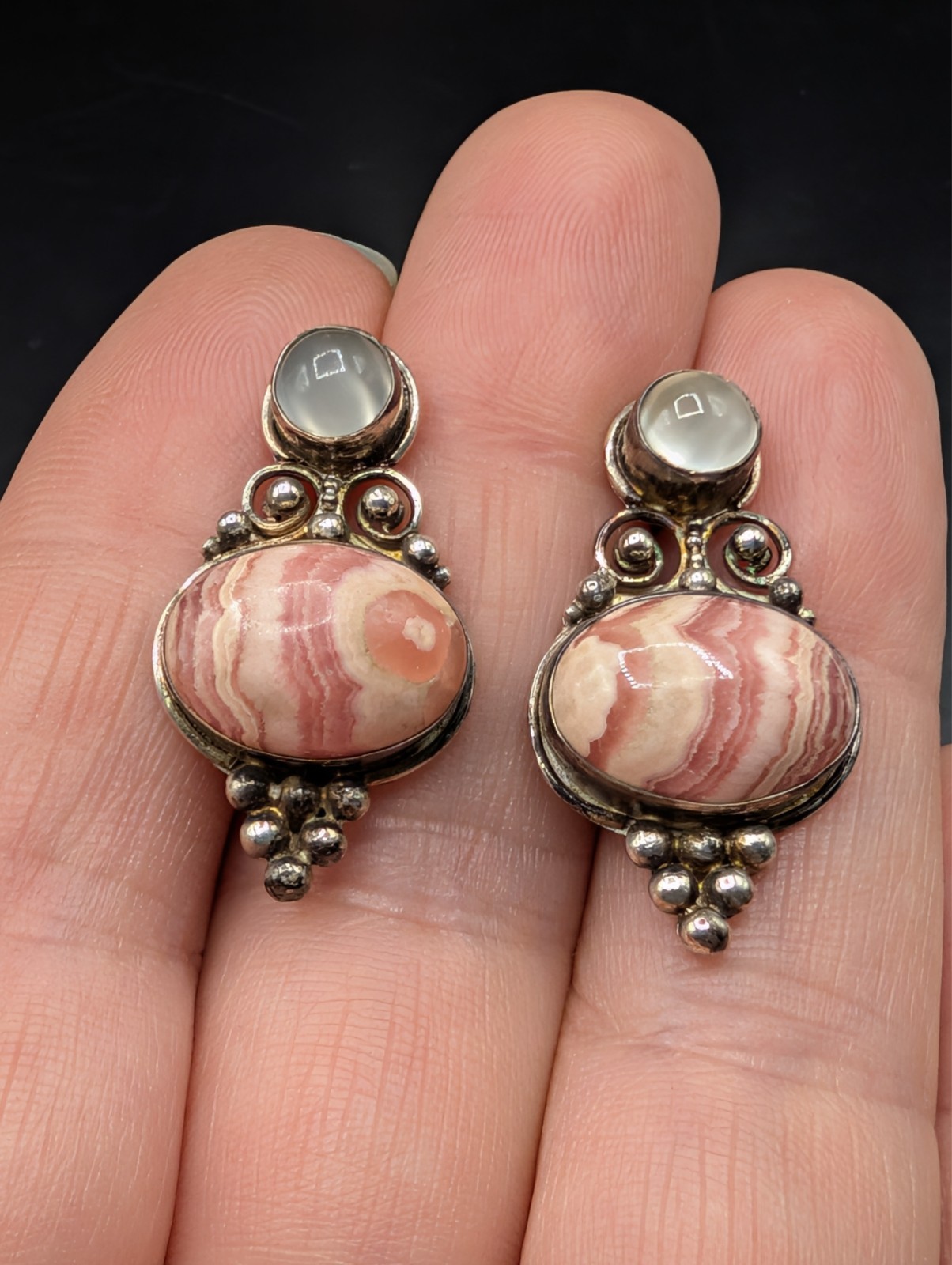 Sterling Silver Sajen Moonstone and Rhodochrosite Stud Earrings
